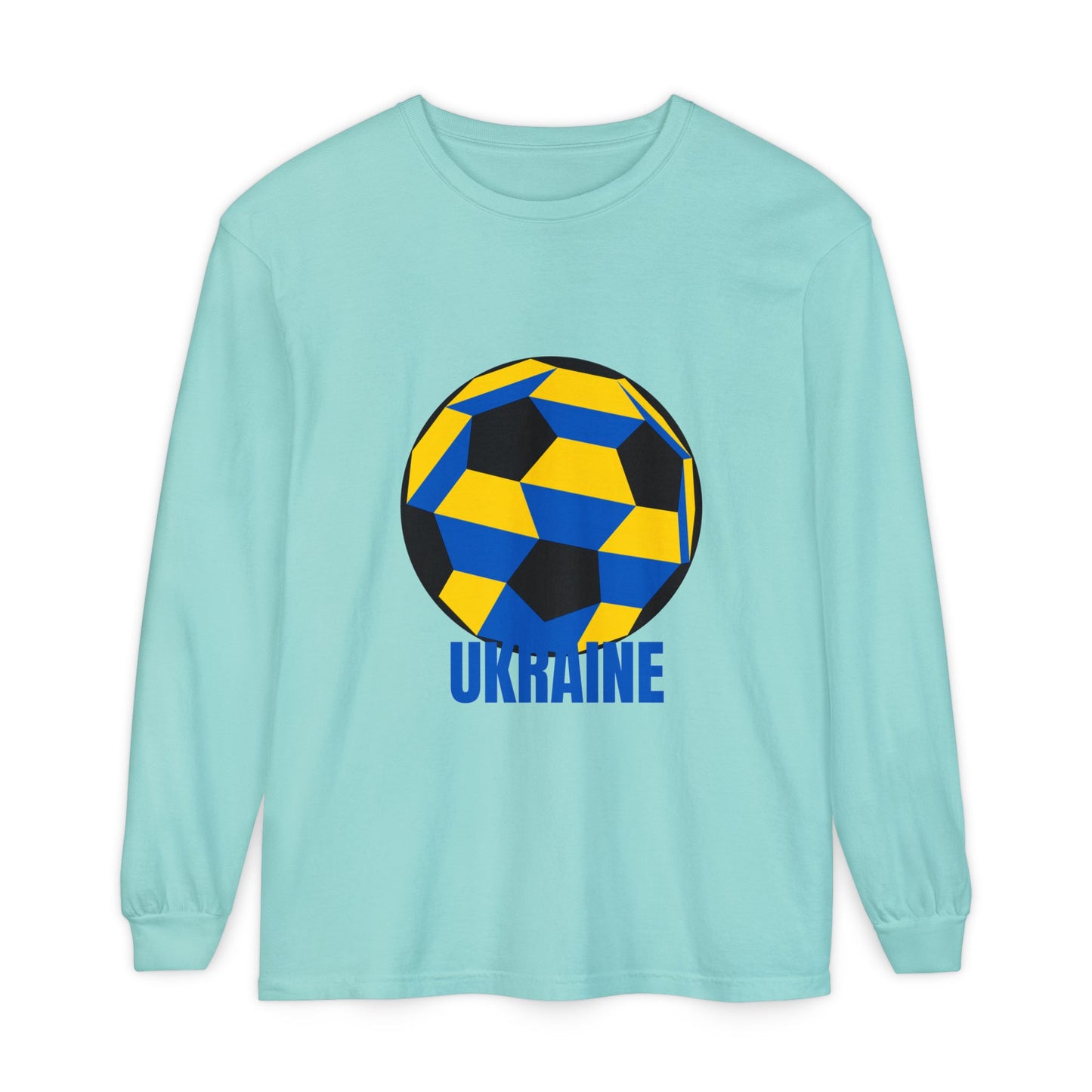 Ukraine Fan Specialty Soccer Ball Design Long Sleeve Tee Blue Text