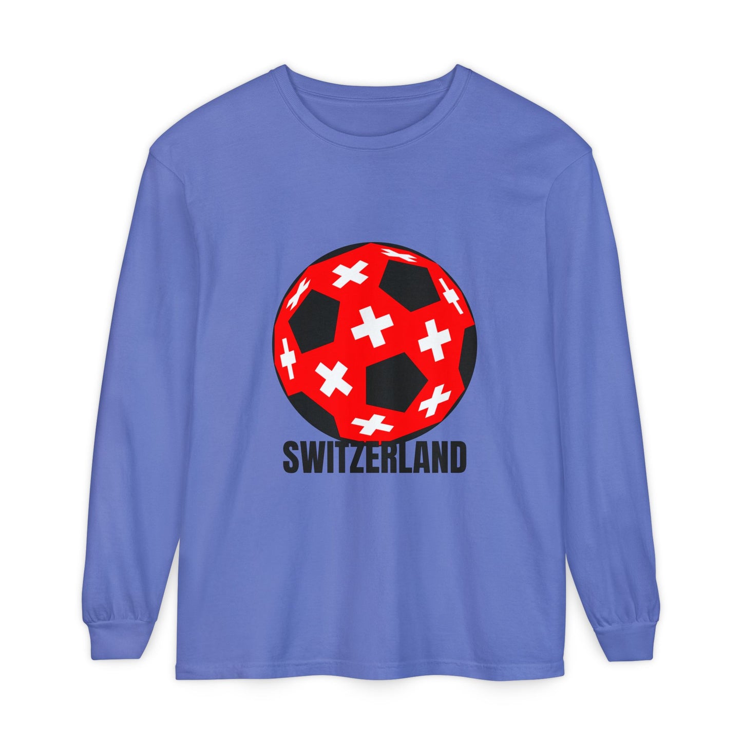 Switzerland Fan Specialty Soccer Ball Design T Shirt Long Sleeve Tee Black Text