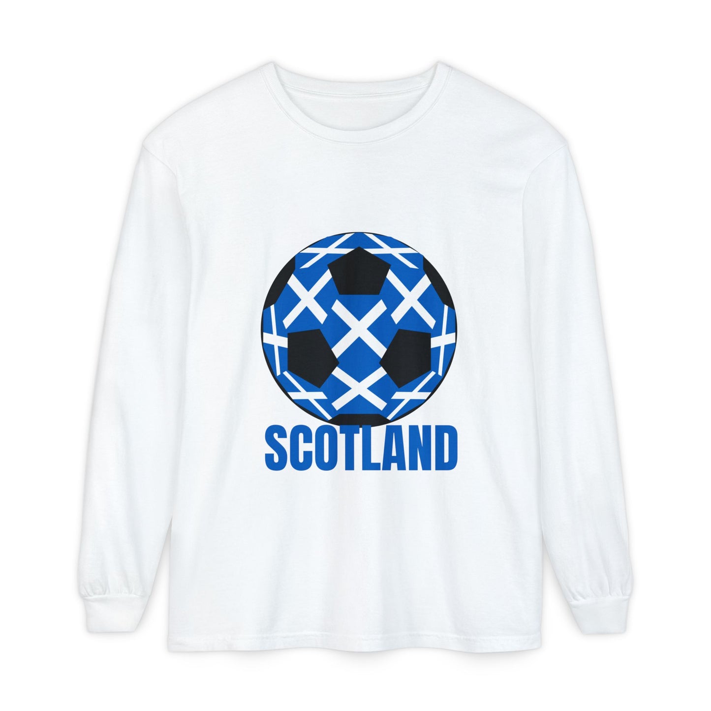 Scotland Fan Specialty Soccer Ball Design T Shirt Long Sleeve Tee Blue Text