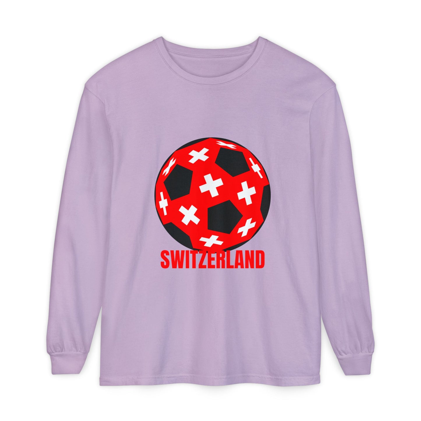 Switzerland Fan Specialty Soccer Ball Design T Shirt Long Sleeve Tee Red Text