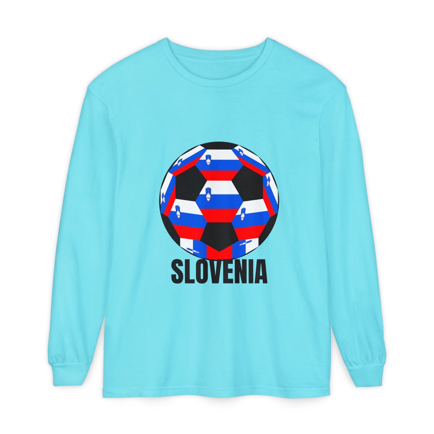 Slovenia Fan Specialty Soccer Ball Design Long Sleeve Tee Black Text