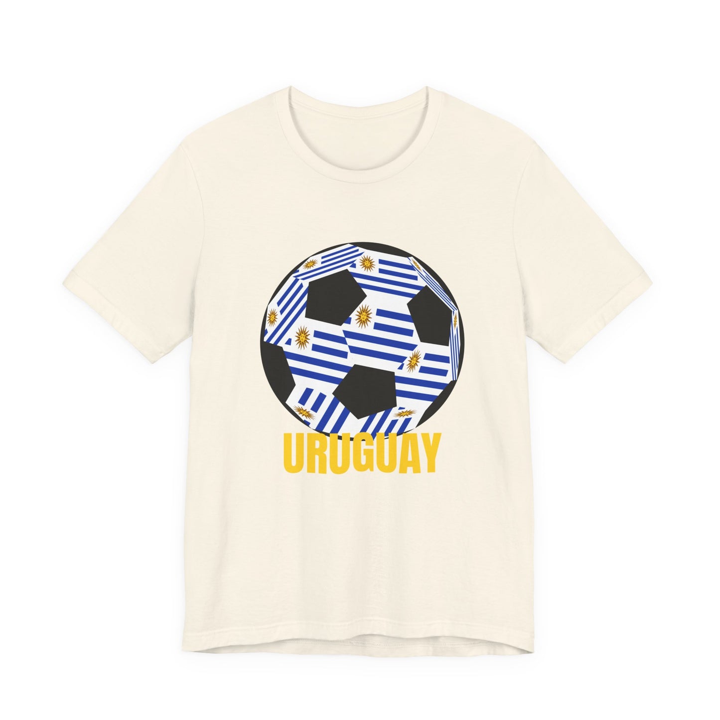 Uruguay Fan Specialty Soccer Ball Design T Shirt Gold Text