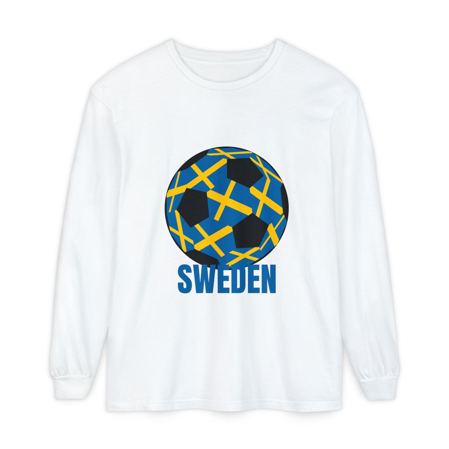 Sweden Fan Specialty Soccer Ball Design Long Sleeve Tee Blue Text