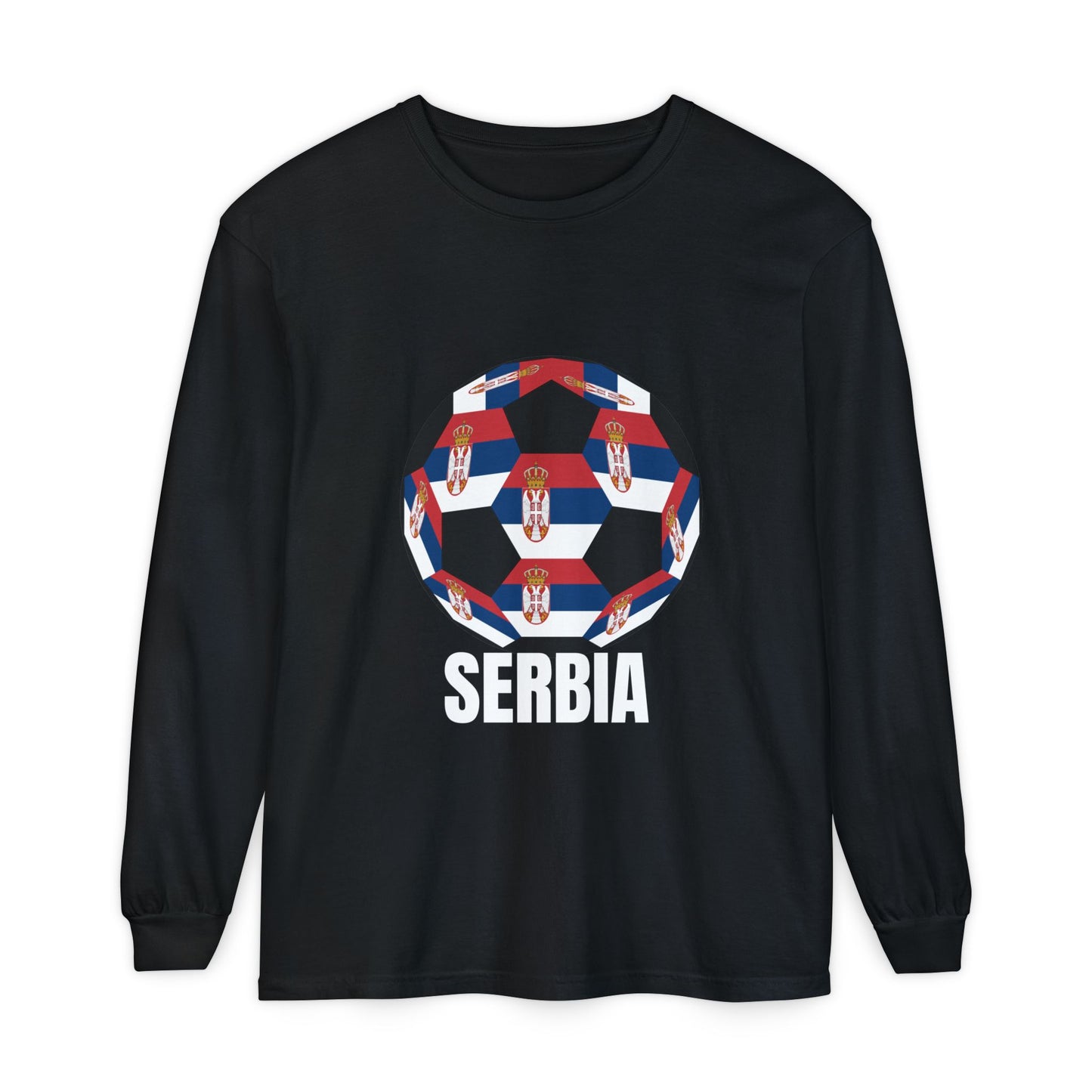 Serbia Fan Specialty Soccer Ball Design T Shirt Long Sleeve Tee White Text