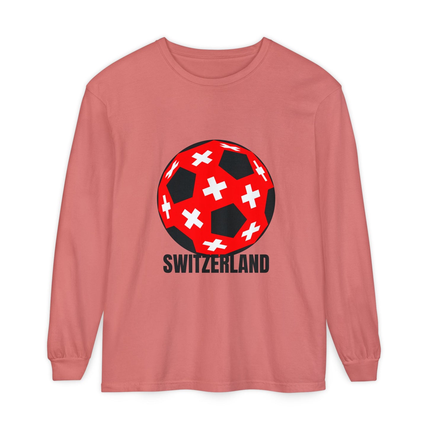 Switzerland Fan Specialty Soccer Ball Design T Shirt Long Sleeve Tee Black Text