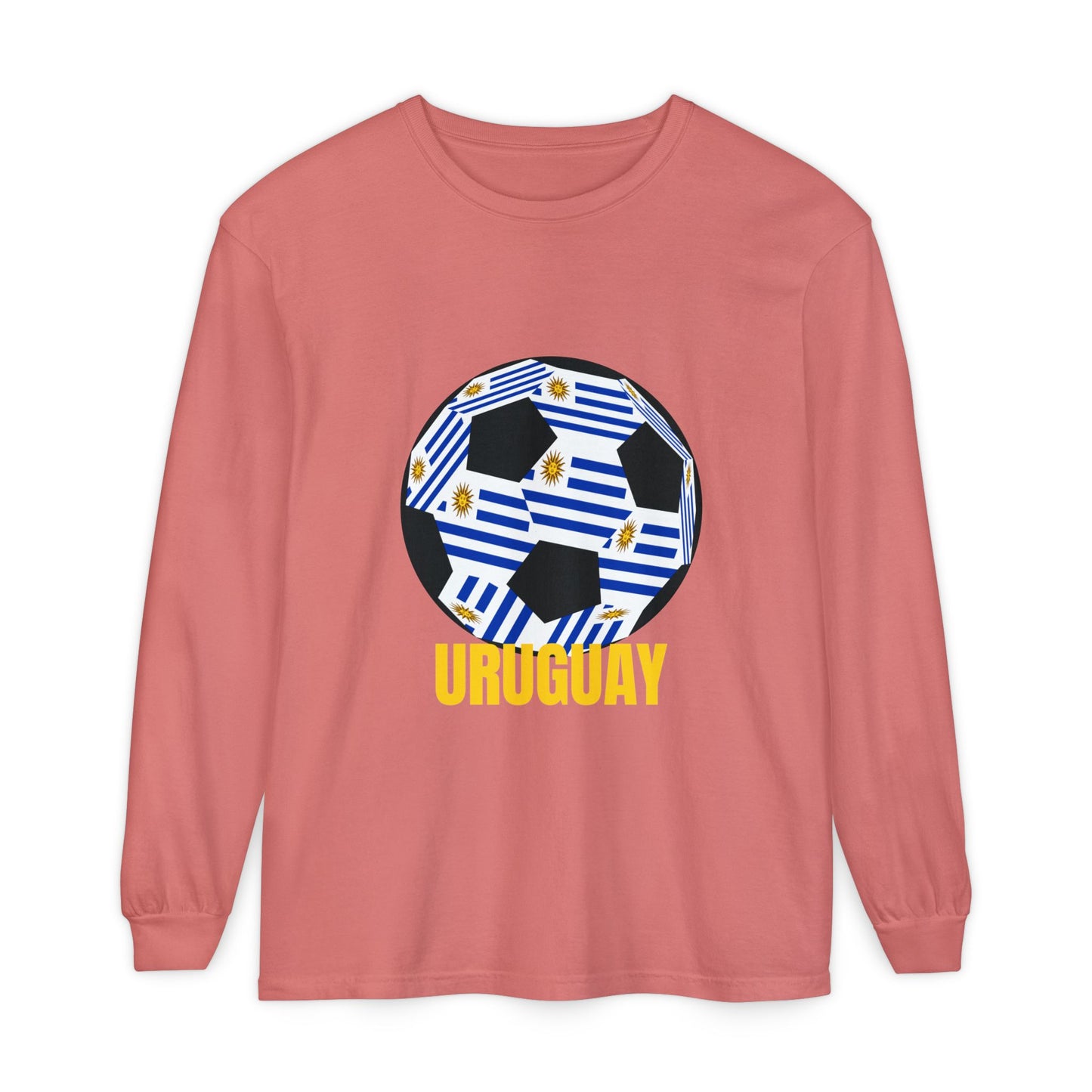 Uruguay Fan Specialty Soccer Ball Design Long Sleeve T Shirt Gold Text