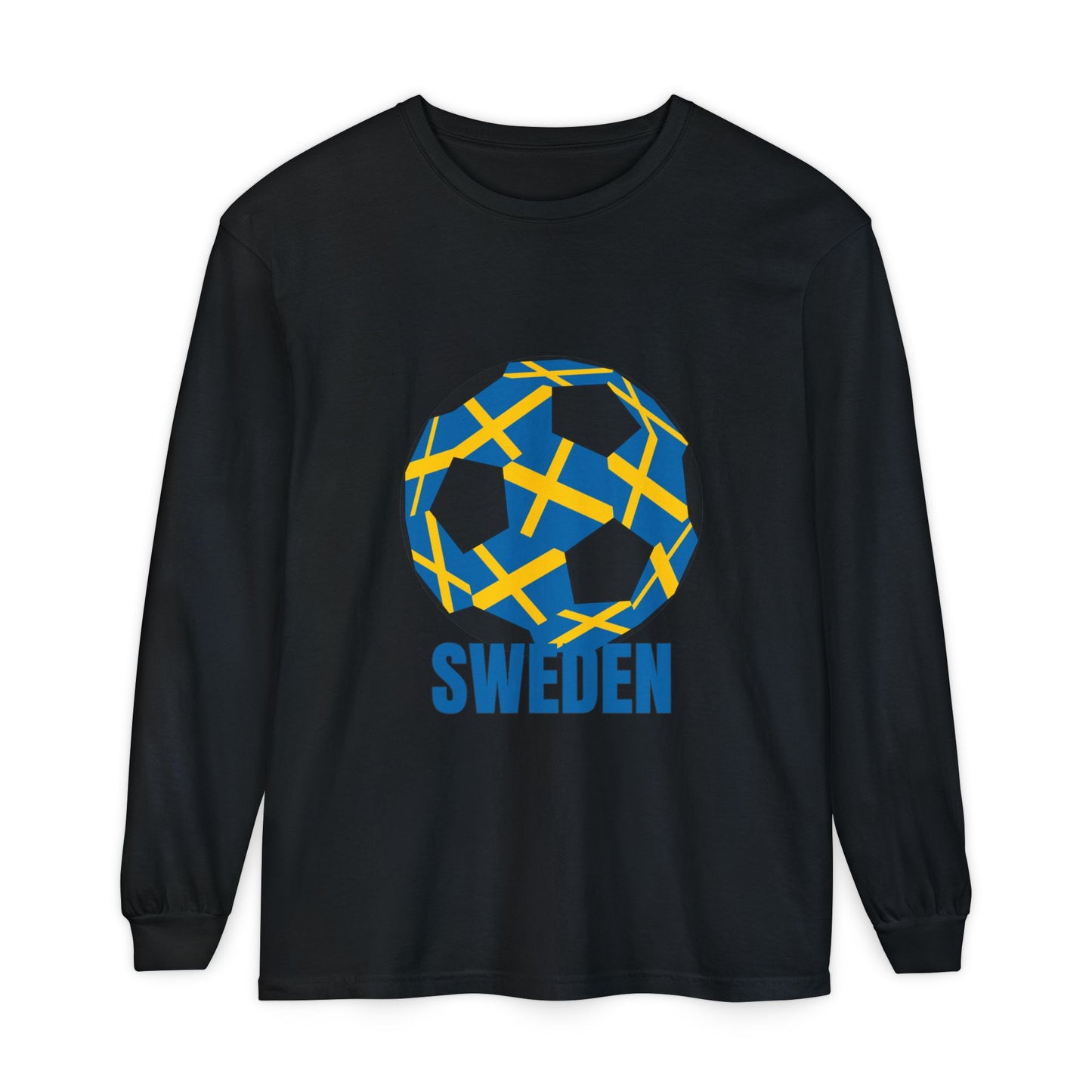 Sweden Fan Specialty Soccer Ball Design Long Sleeve Tee Blue Text