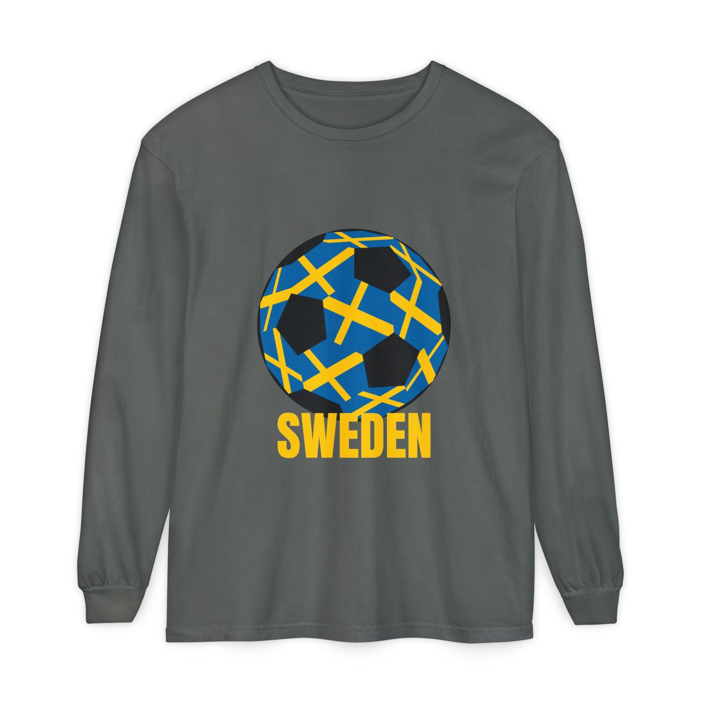 Sweden Fan Specialty Soccer Ball Design T Shirt  Long Sleeve Tee Gold Text