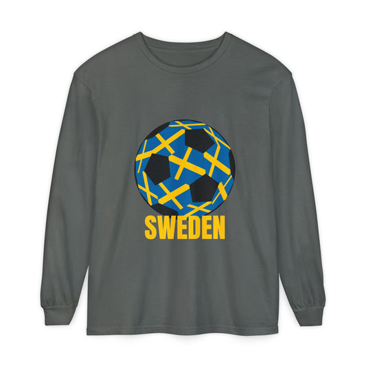 Sweden Fan Specialty Soccer Ball Design T Shirt  Long Sleeve Tee Gold Text