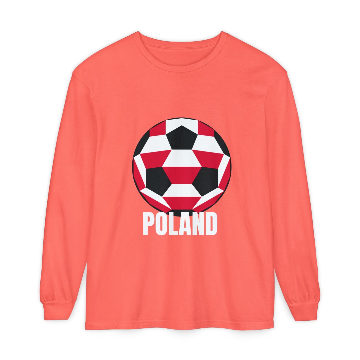 Poland Fan Specialty Soccer Ball Design T Shirt Long Sleeve Tee White Text