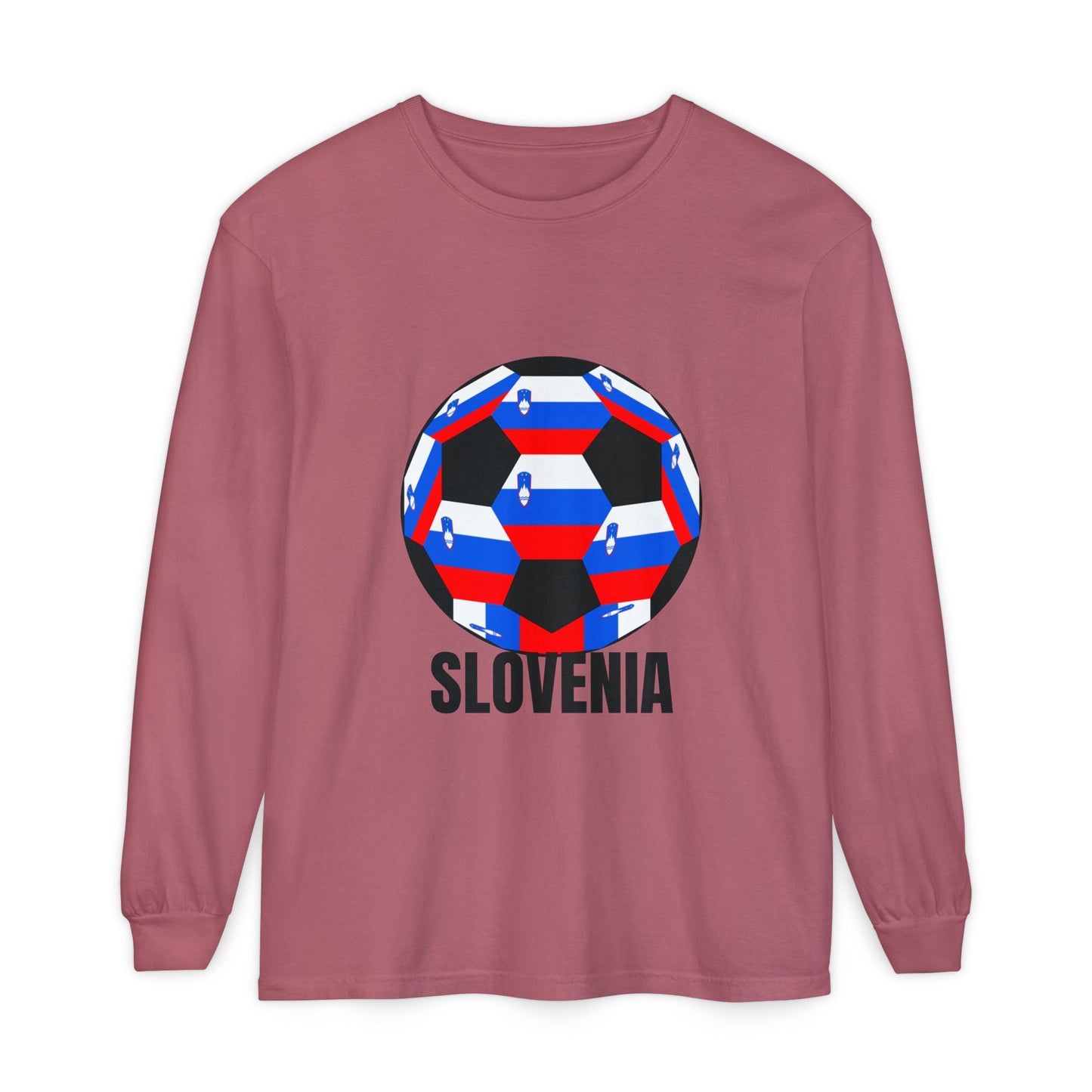 Slovenia Fan Specialty Soccer Ball Design Long Sleeve Tee Black Text