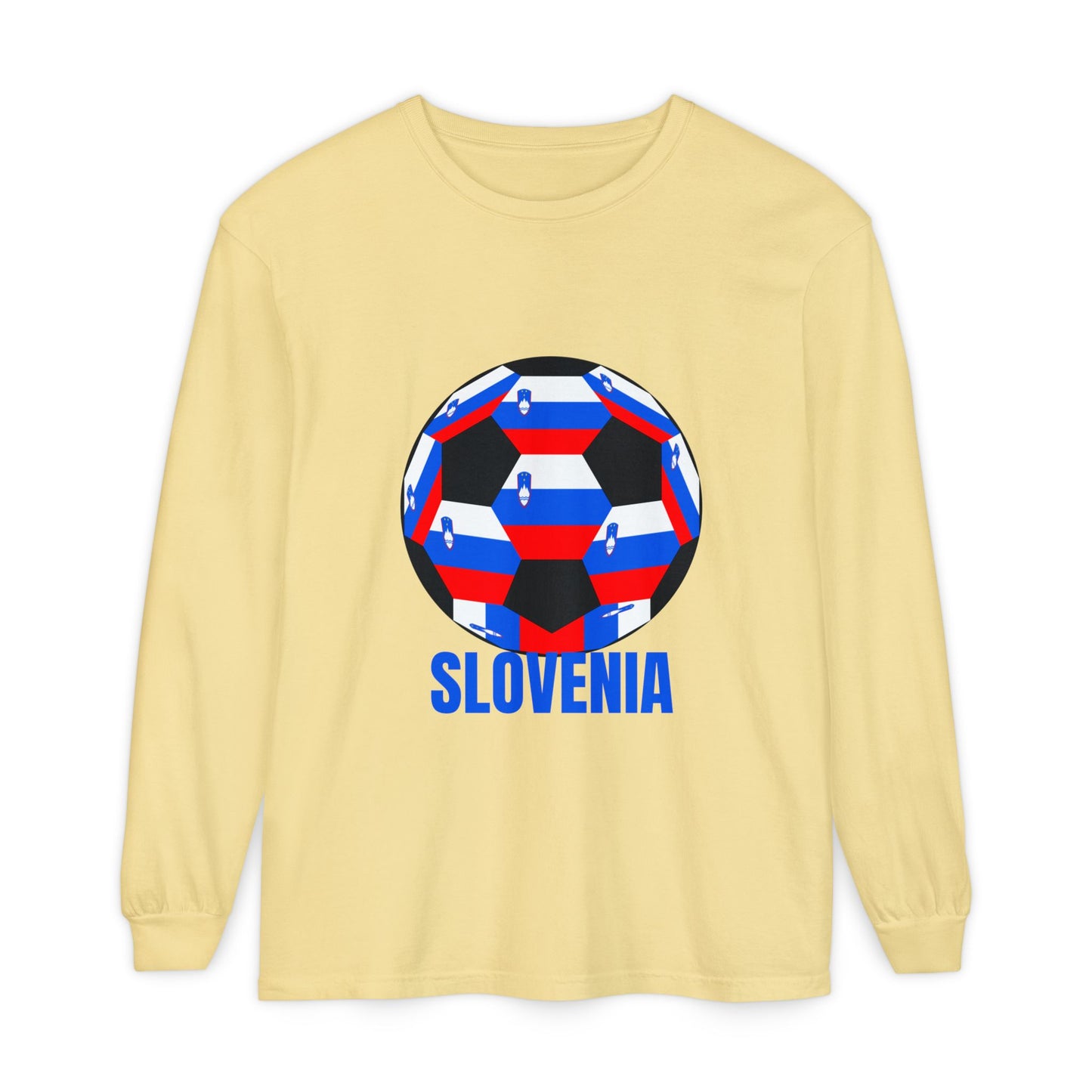 Slovenia Fan Specialty Soccer Ball Design Long Sleeve T-Shirt Blue Text