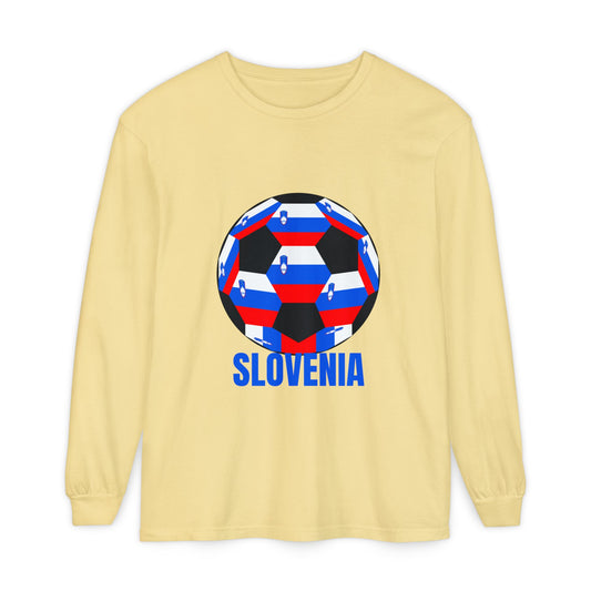 Slovenia Fan Specialty Soccer Ball Design Long Sleeve T-Shirt Blue Text