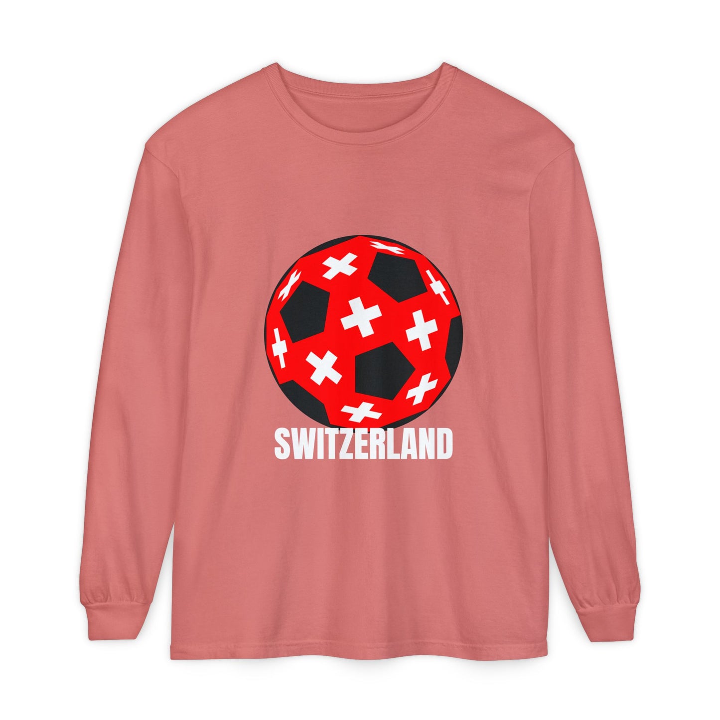 Switzerland Fan Specialty Soccer Ball Design T Shirt Long Sleeve Tee White Text