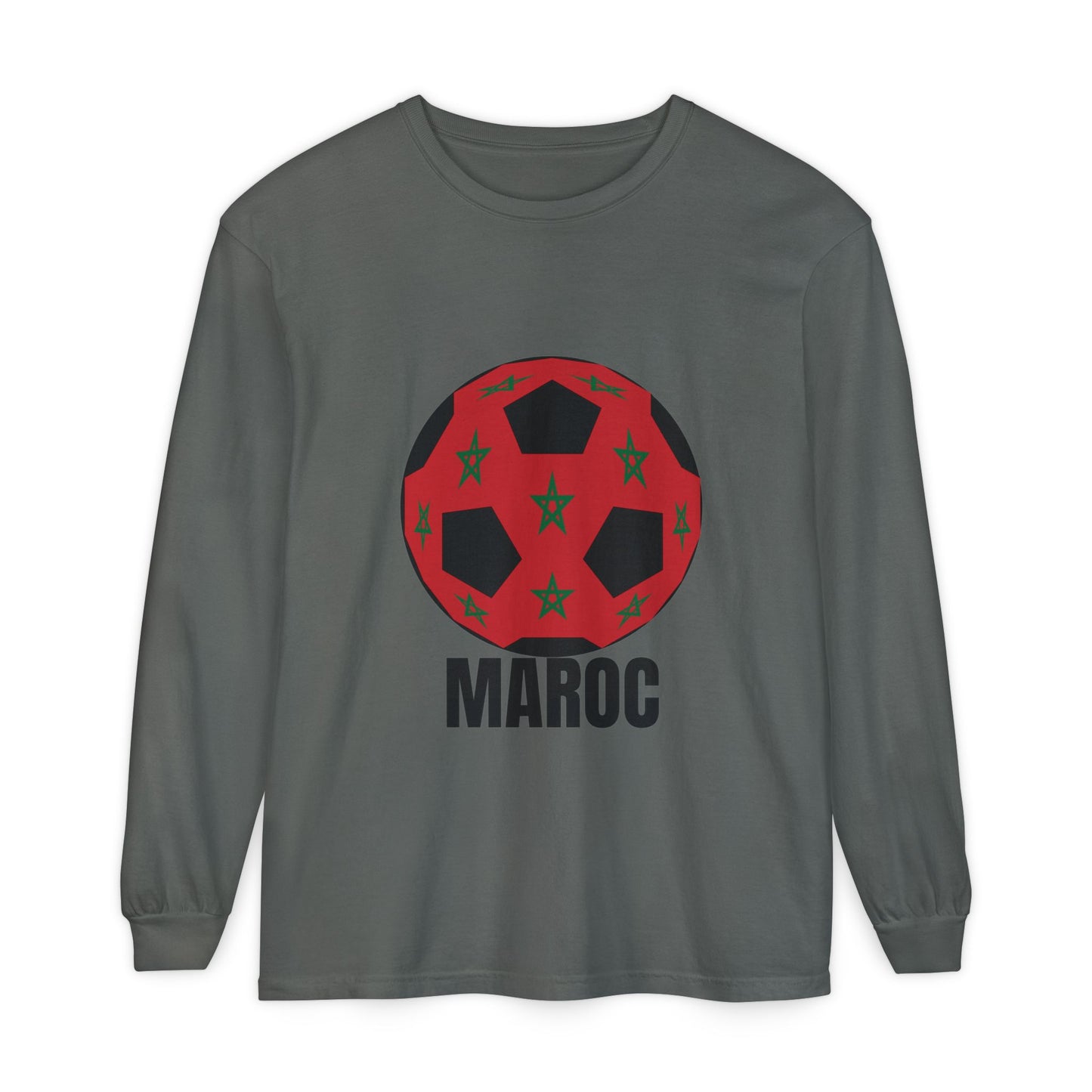 Morocco Maroc Fan Specialty Soccer Ball Design T Shirt Long Sleeve Tee Black Text