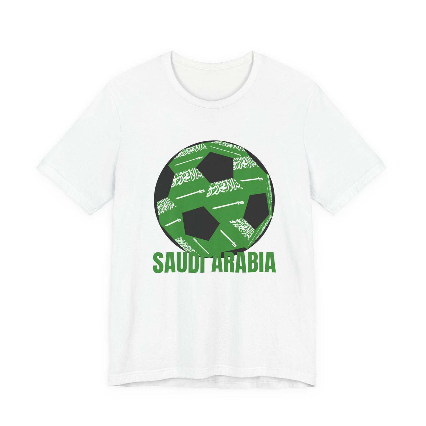 Saudi Arabia Fan Specialty Soccer Ball Design T Shirt — Green Text