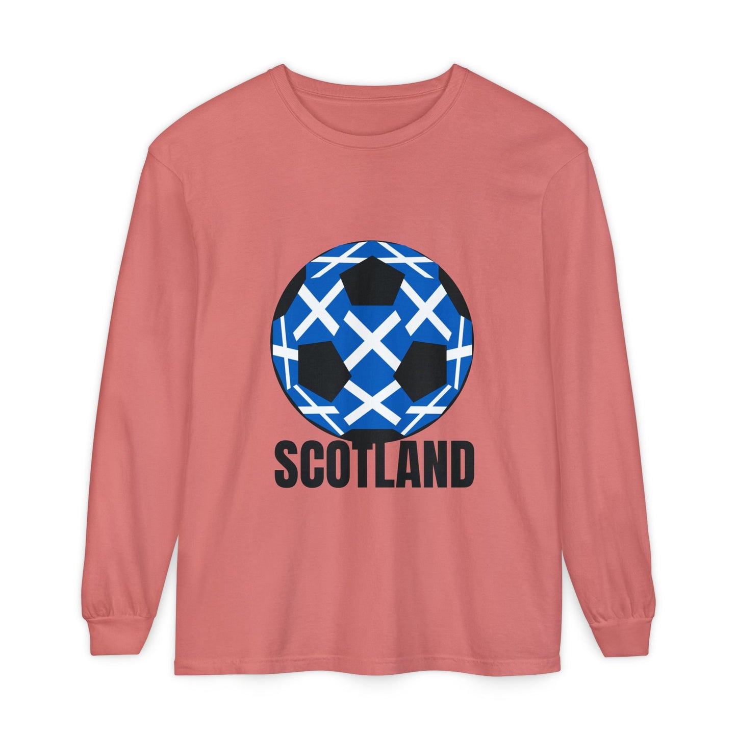 Scotland Fan Specialty Soccer Ball Design T Shirt Long Sleeve Tee Black Text