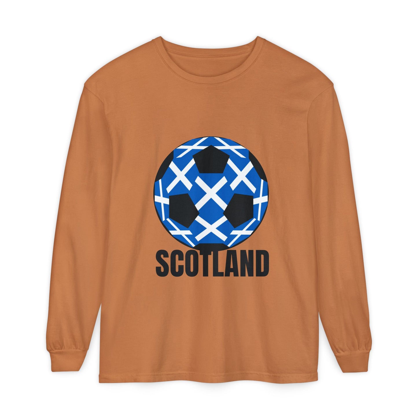 Scotland Fan Specialty Soccer Ball Design T Shirt Long Sleeve Tee Black Text