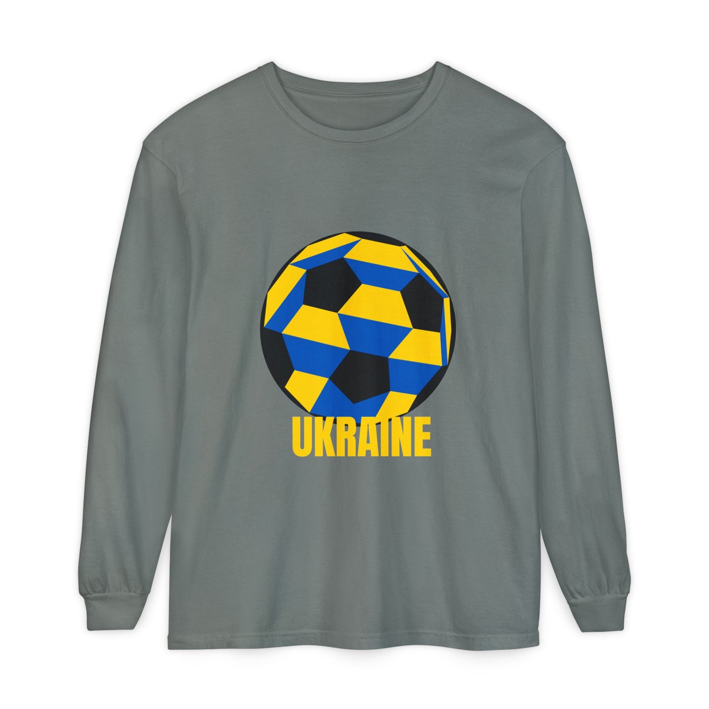 Ukraine Fan Specialty Soccer Ball Design Long Sleeve Tee Yellow Text