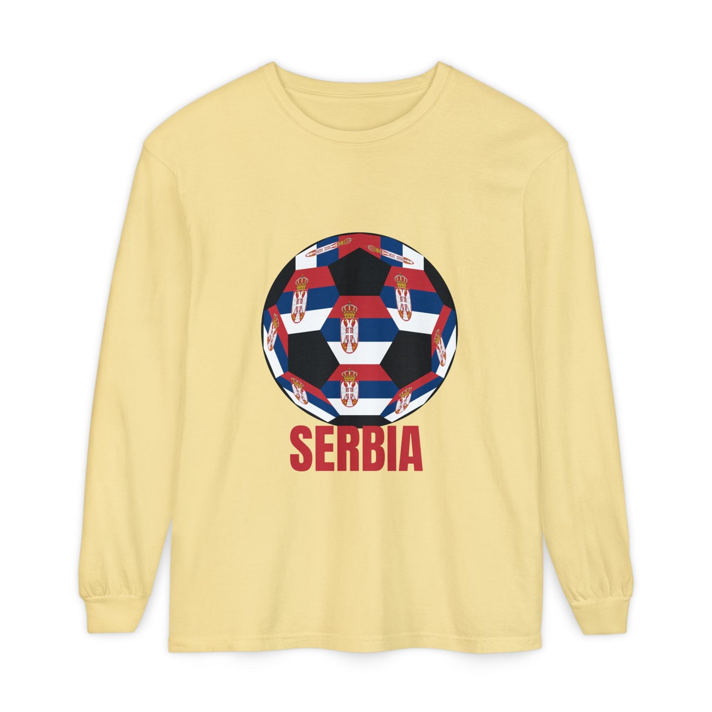 Serbia Fan Specialty Soccer Ball Design T Shirt Long Sleeve Tee Red Text
