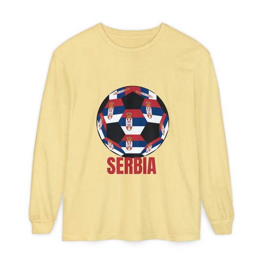 Serbia Fan Specialty Soccer Ball Design T Shirt Long Sleeve Tee Red Text