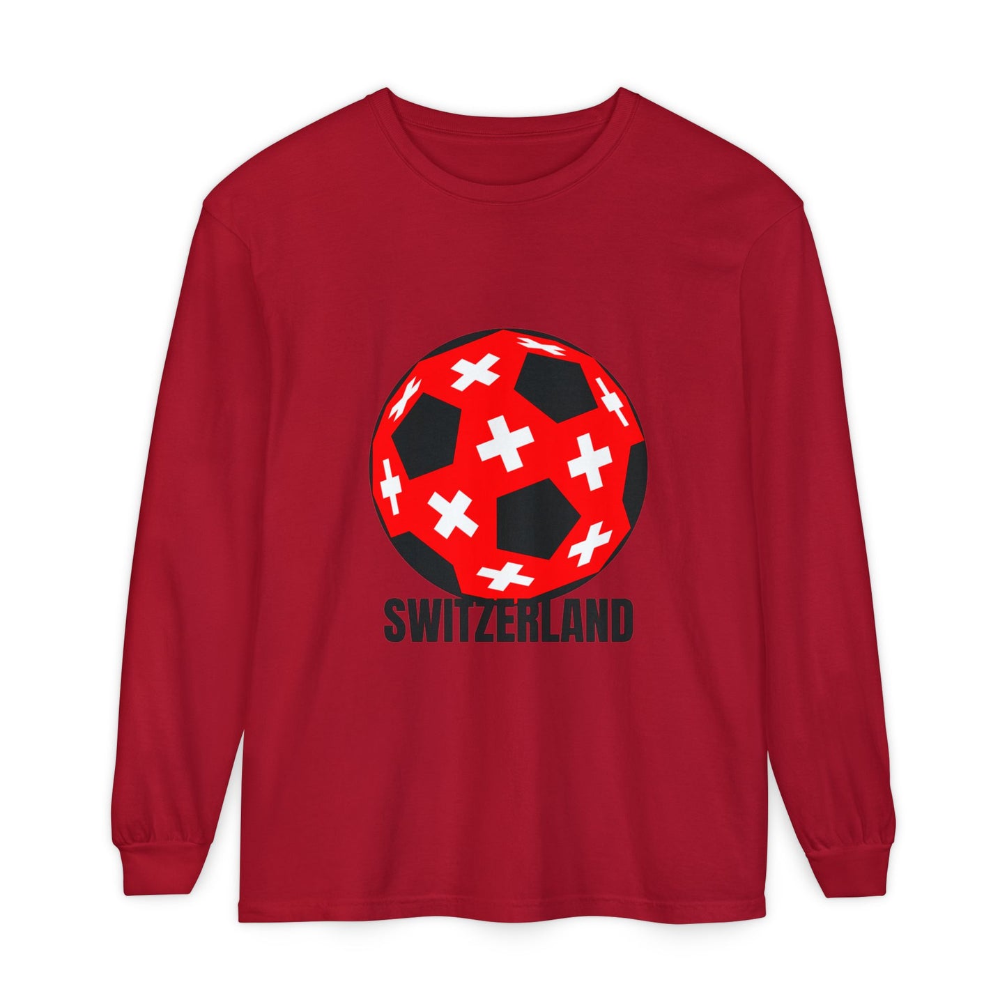 Switzerland Fan Specialty Soccer Ball Design T Shirt Long Sleeve Tee Black Text