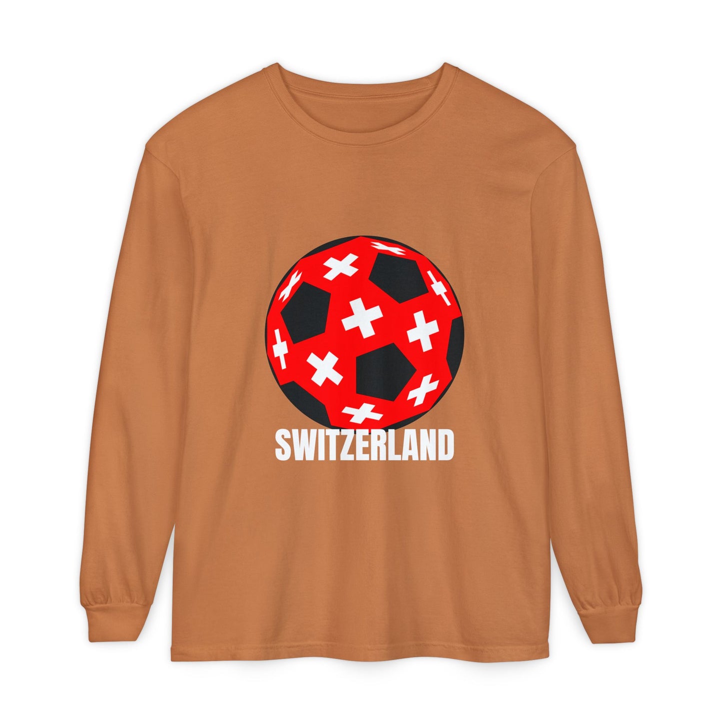 Switzerland Fan Specialty Soccer Ball Design T Shirt Long Sleeve Tee White Text