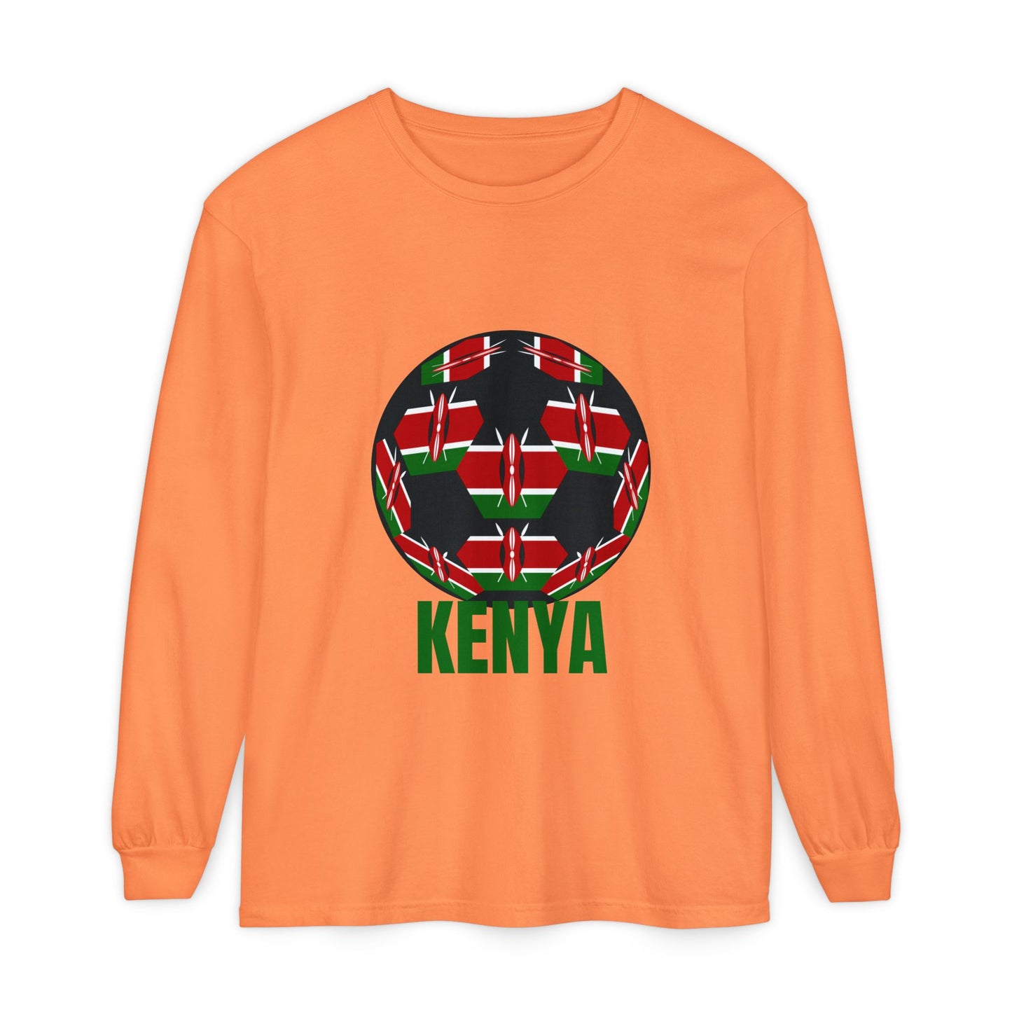 Kenya Fan Specialty Soccer Ball Design T Shirt Long Sleeve Tee Green Text