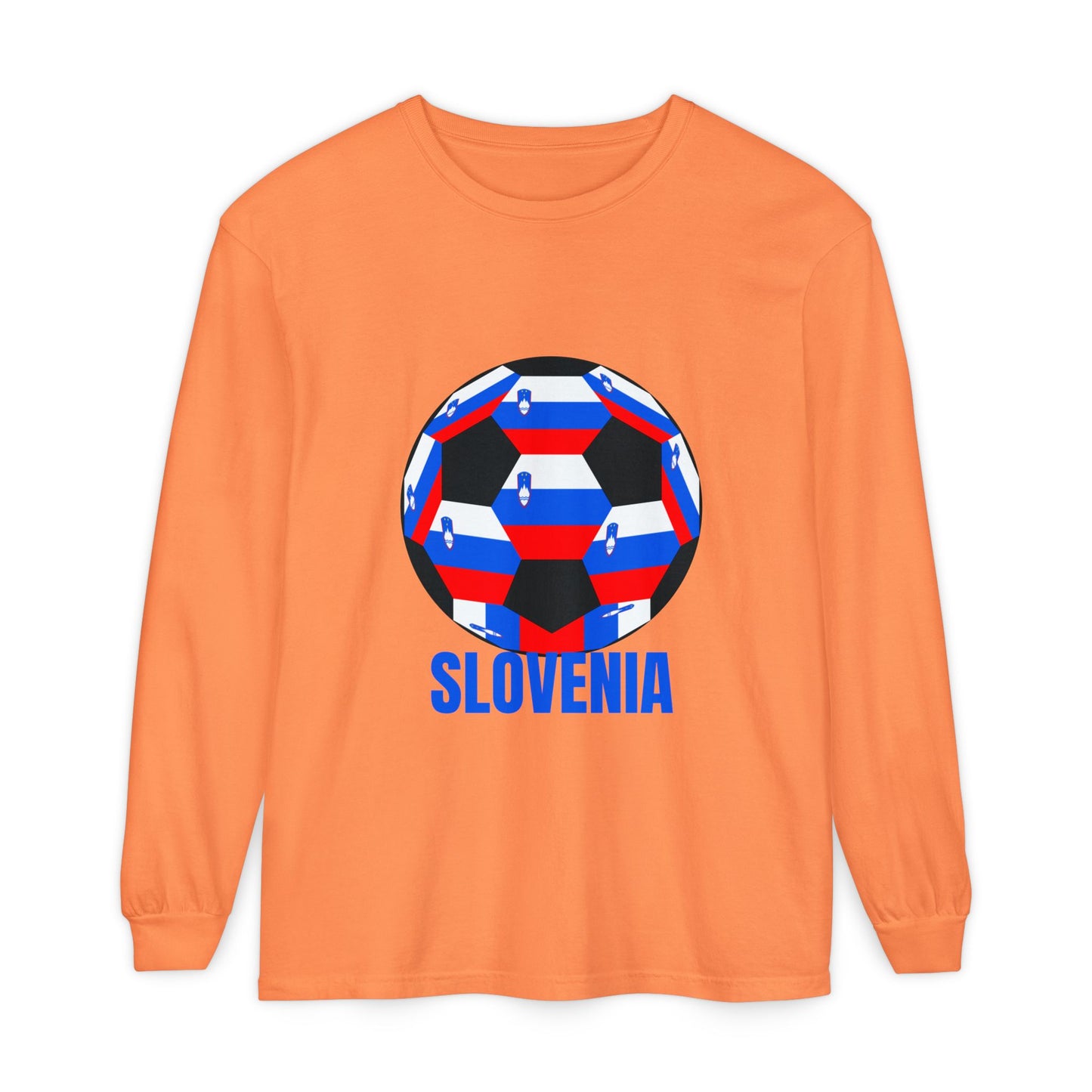Slovenia Fan Specialty Soccer Ball Design Long Sleeve T-Shirt Blue Text