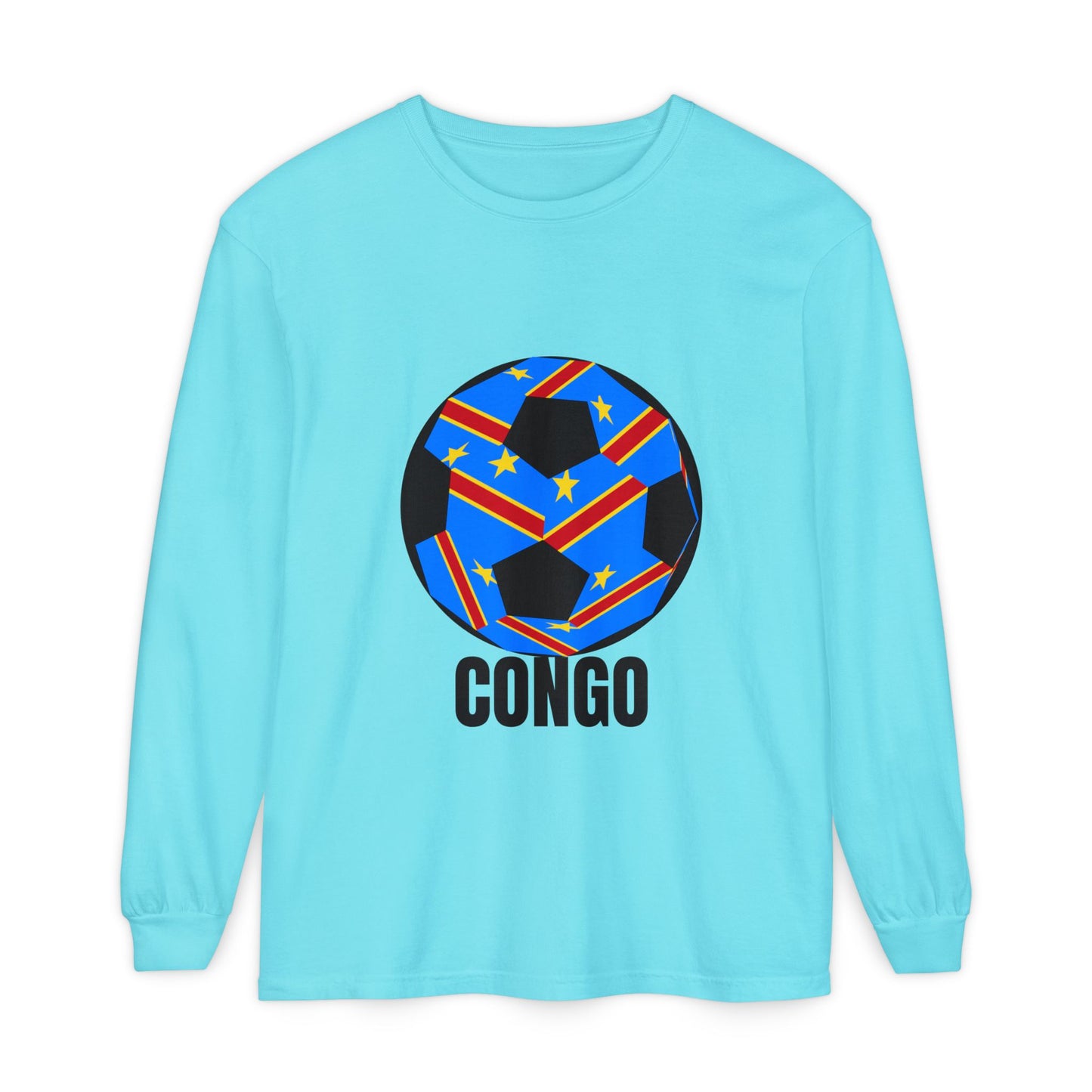 Congo Fan Specialty Soccer Ball Design T Shirt Long Sleeve T-Shirt Black Text