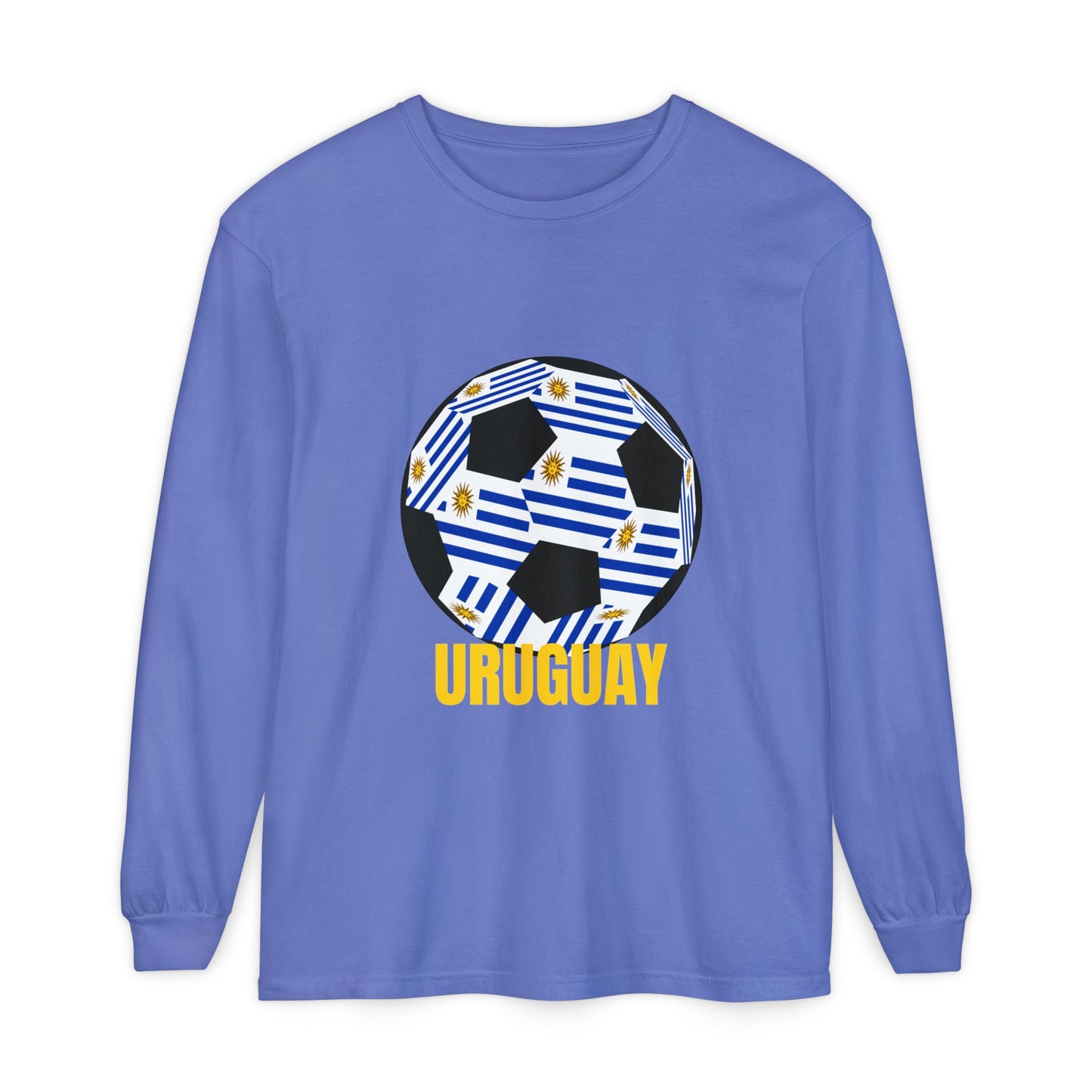 Uruguay Fan Specialty Soccer Ball Design Long Sleeve T Shirt Gold Text