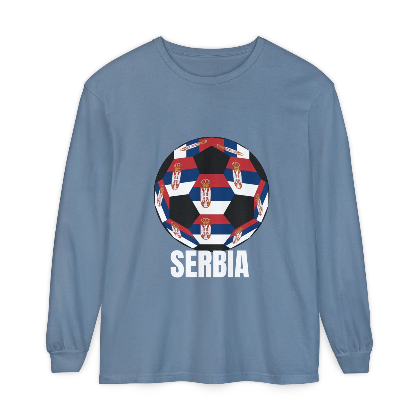 Serbia Fan Specialty Soccer Ball Design T Shirt Long Sleeve Tee White Text