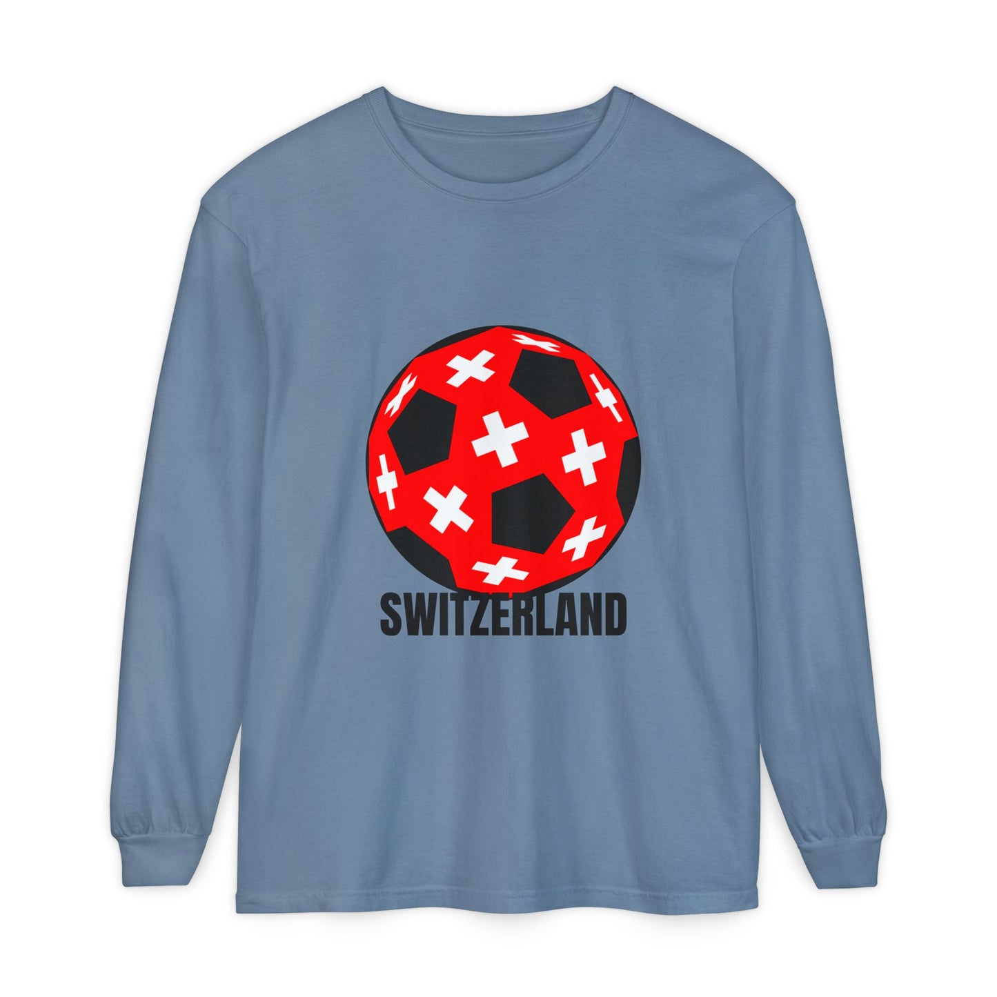 Switzerland Fan Specialty Soccer Ball Design T Shirt Long Sleeve Tee Black Text