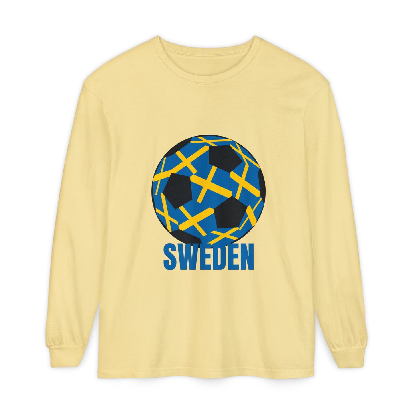 Sweden Fan Specialty Soccer Ball Design Long Sleeve Tee Blue Text