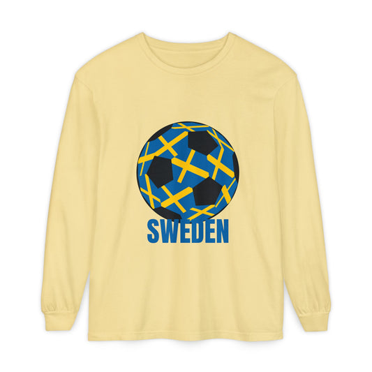 Sweden Fan Specialty Soccer Ball Design Long Sleeve Tee Blue Text