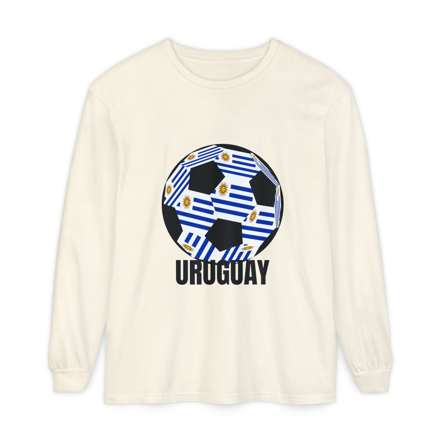 Uruguay Fan Specialty Soccer Ball Design Long Sleeve T-Shirt Black Text