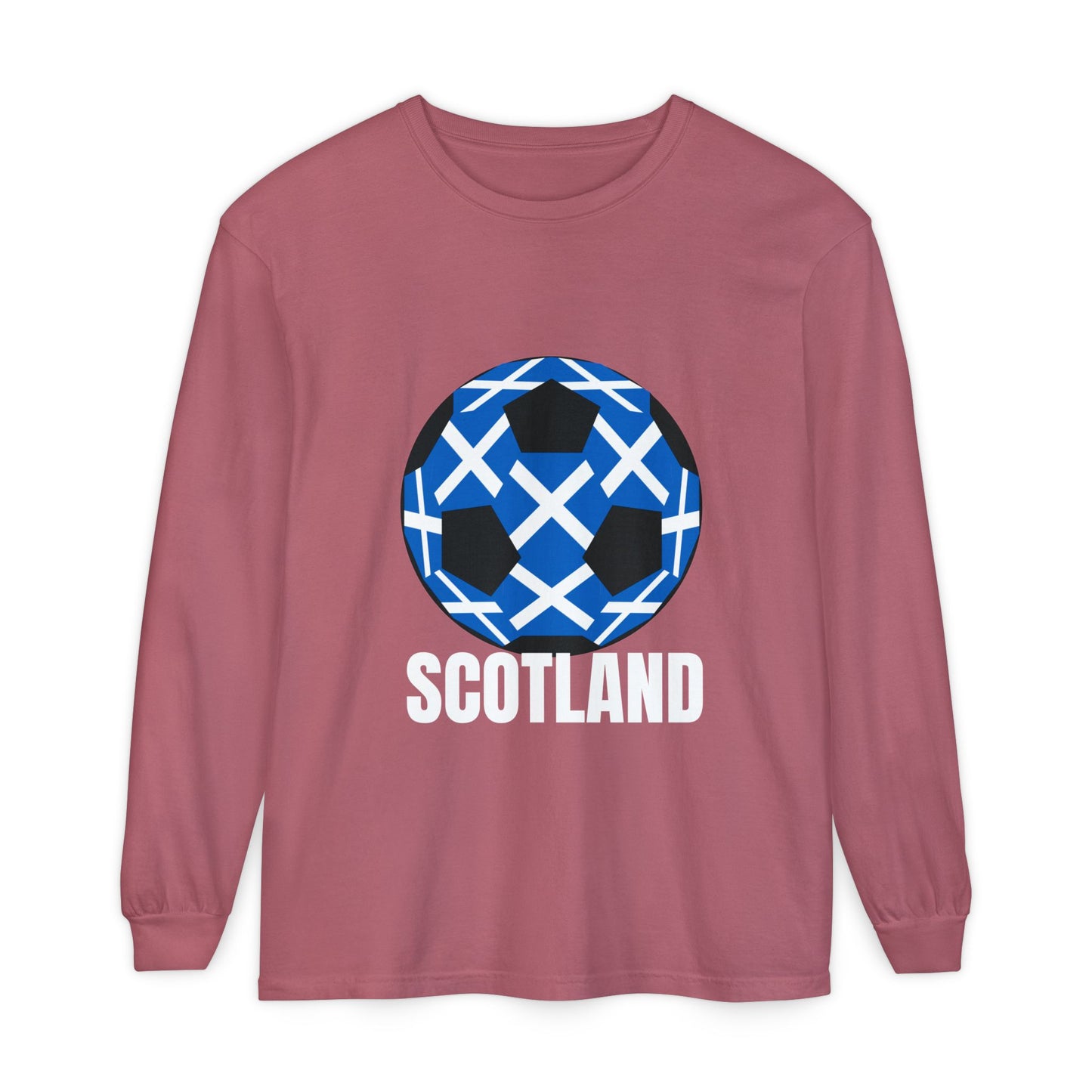 Scotland Fan Specialty Soccer Ball Design T Shirt Long Sleeve Tee White Text