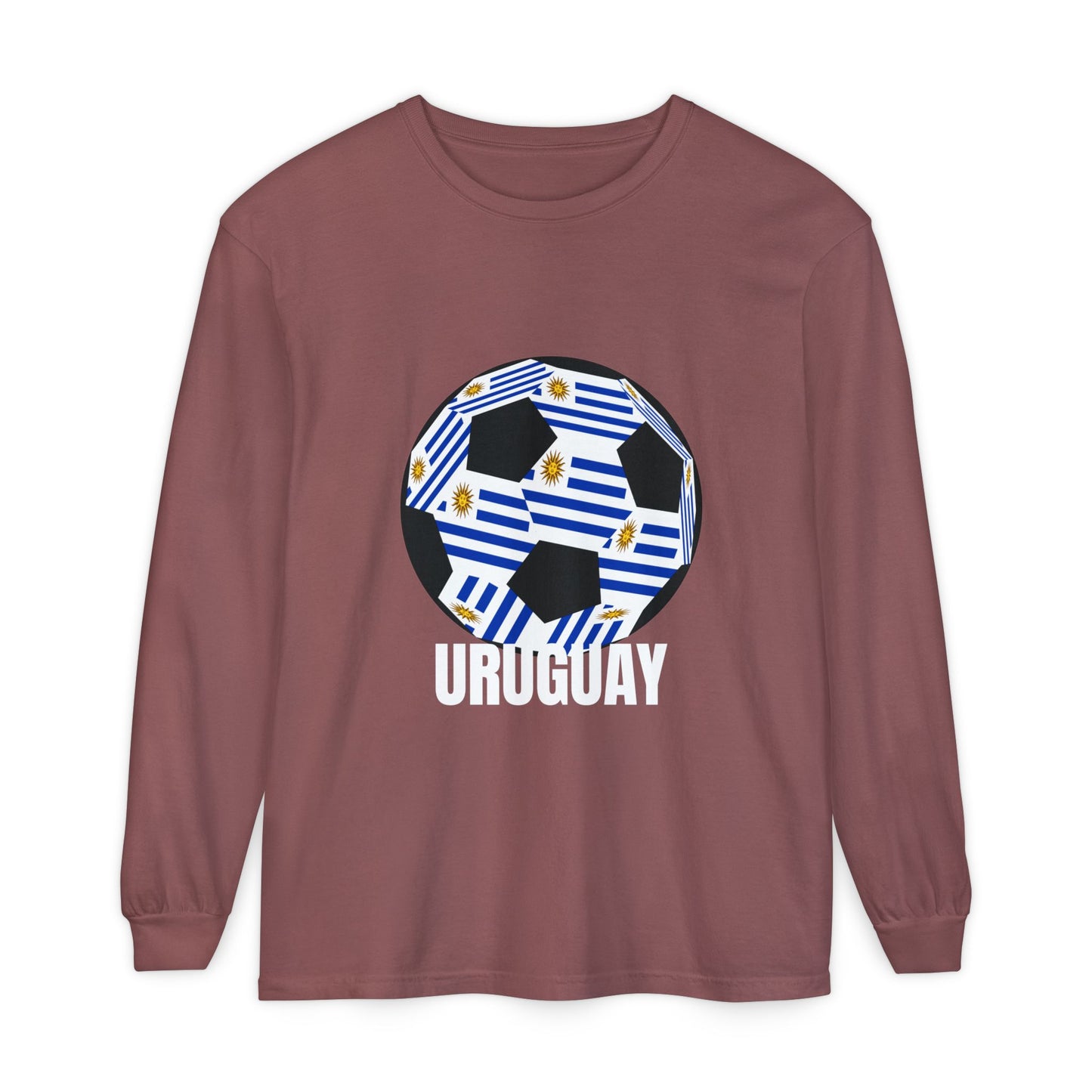 Uruguay Fan Specialty Soccer Ball Design Long Sleeve T‑Shirt White Text