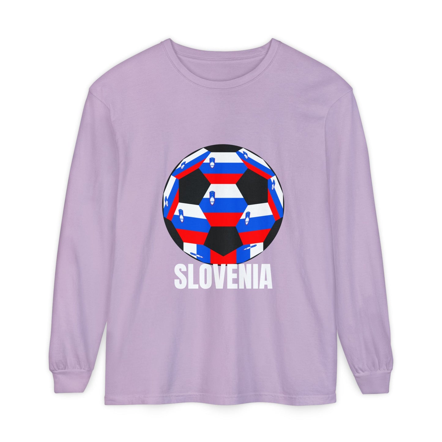 Slovenia Fan Specialty Soccer Ball Design T Shirt Long Sleeve Shirt White Text