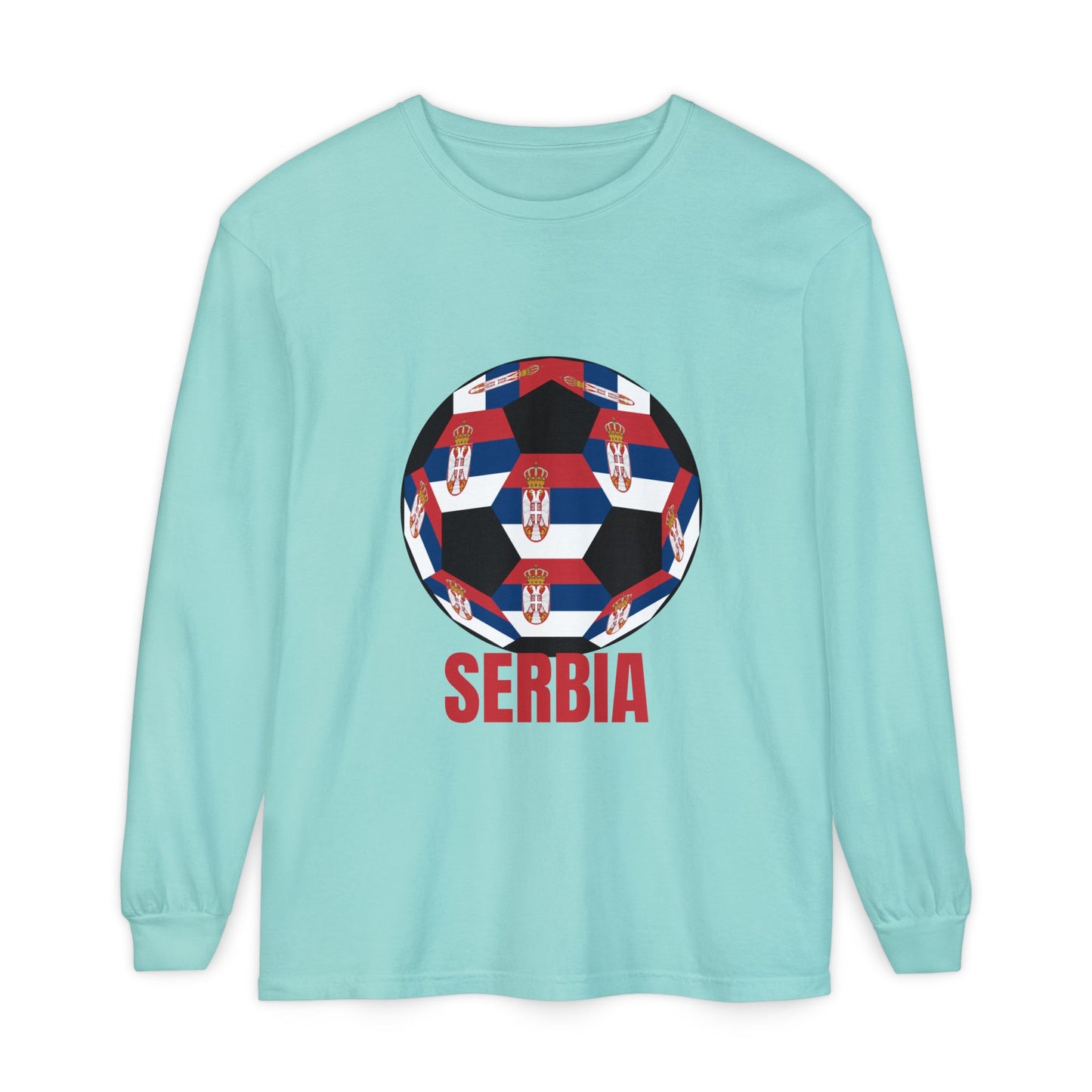 Serbia Fan Specialty Soccer Ball Design T Shirt Long Sleeve Tee Red Text