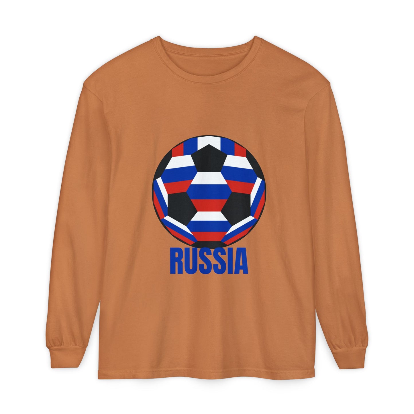 Russia Fan Specialty Soccer Ball Design T Shirt Long Sleeve T-Shirt Blue Text
