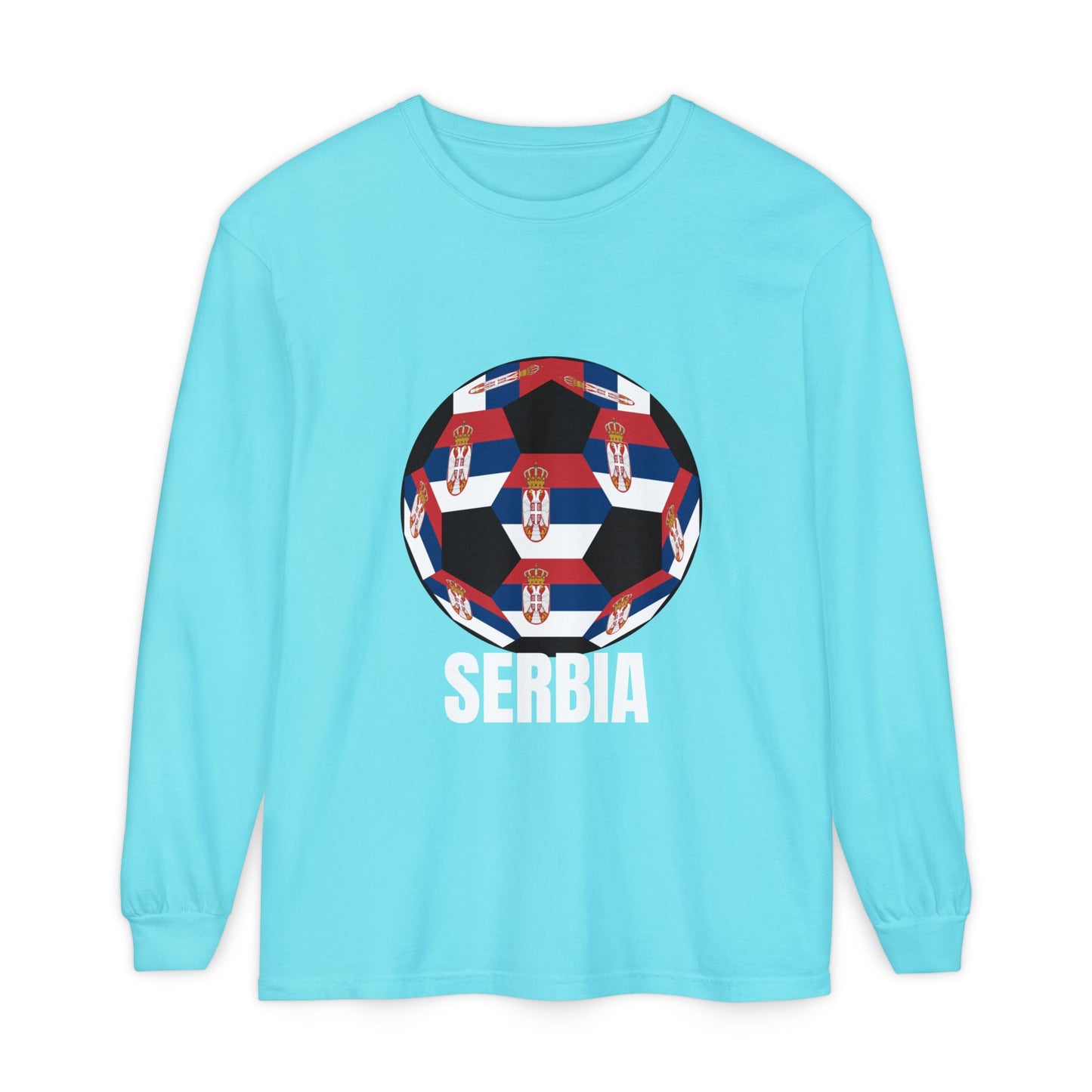 Serbia Fan Specialty Soccer Ball Design T Shirt Long Sleeve Tee White Text