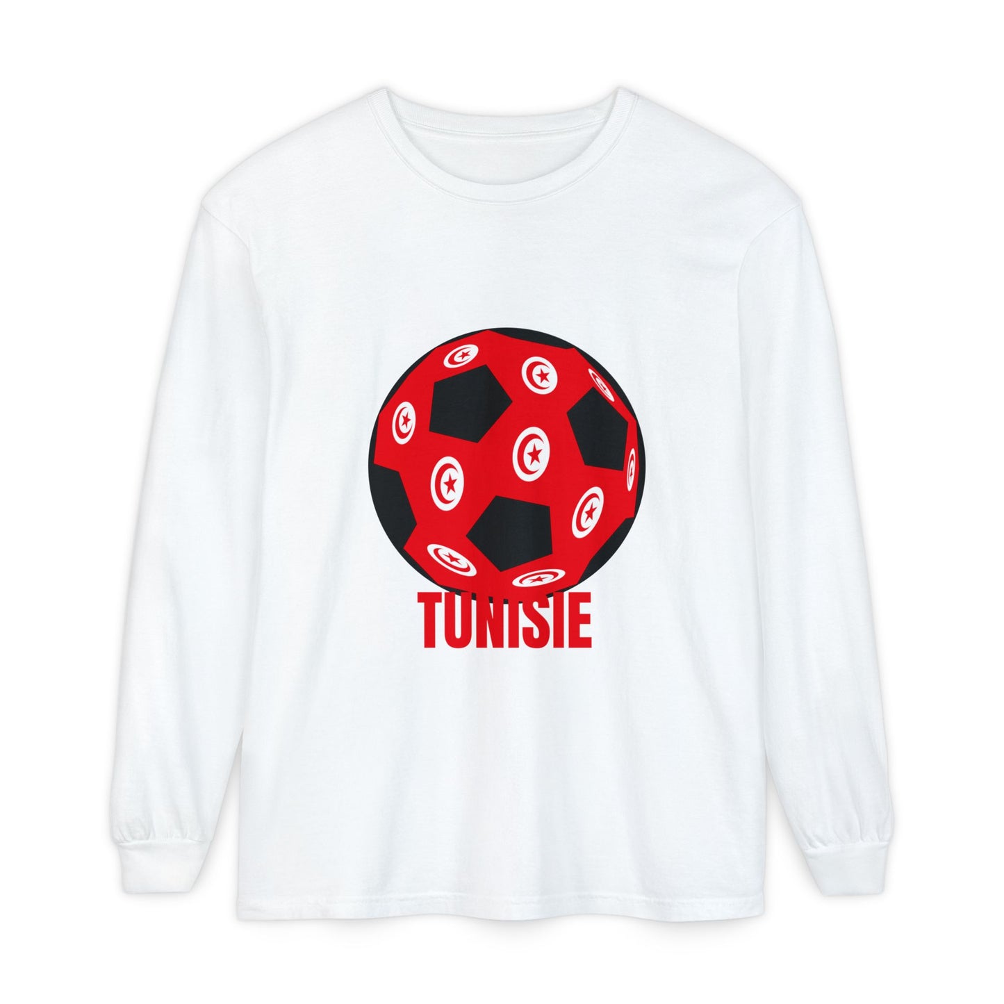 Tunisie Fan Specialty Soccer Ball Design T Shirt Long Sleeve Tee Red Text
