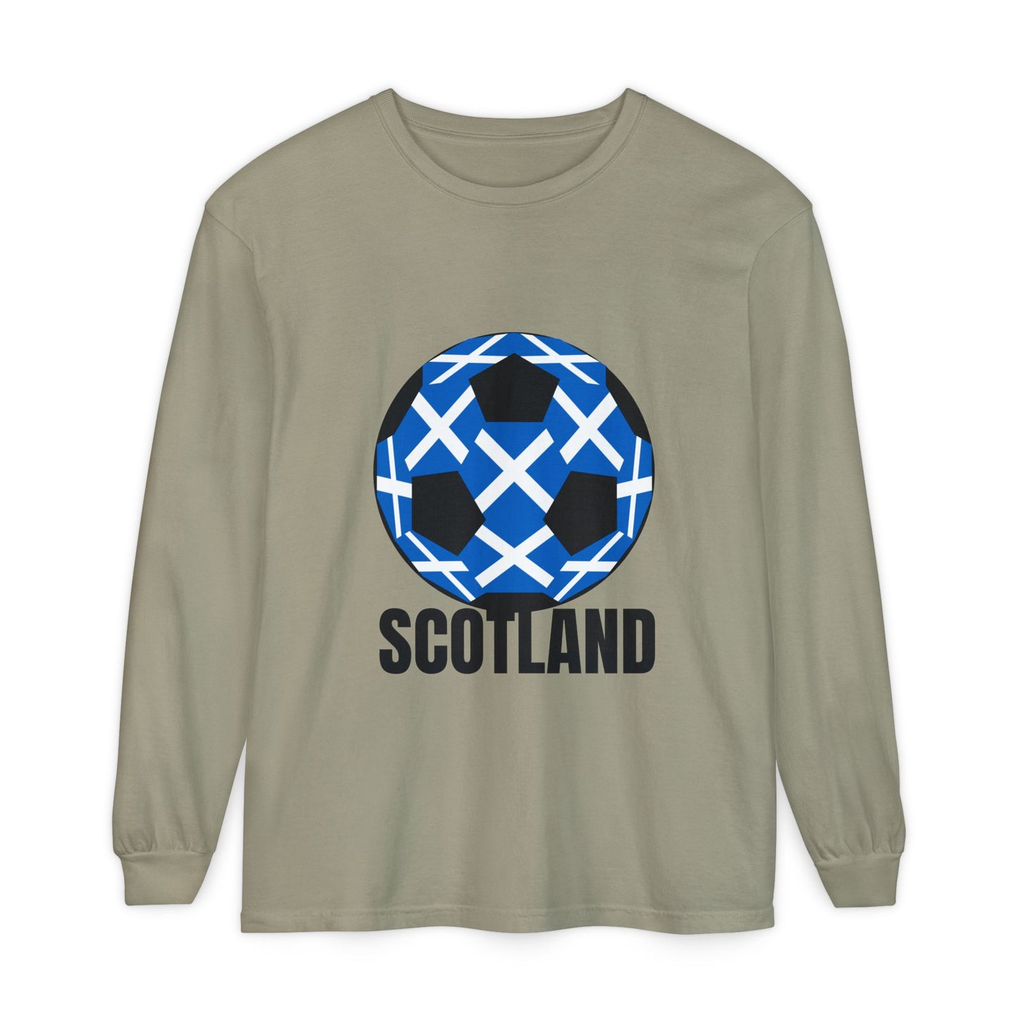 Scotland Fan Specialty Soccer Ball Design T Shirt Long Sleeve Tee Black Text