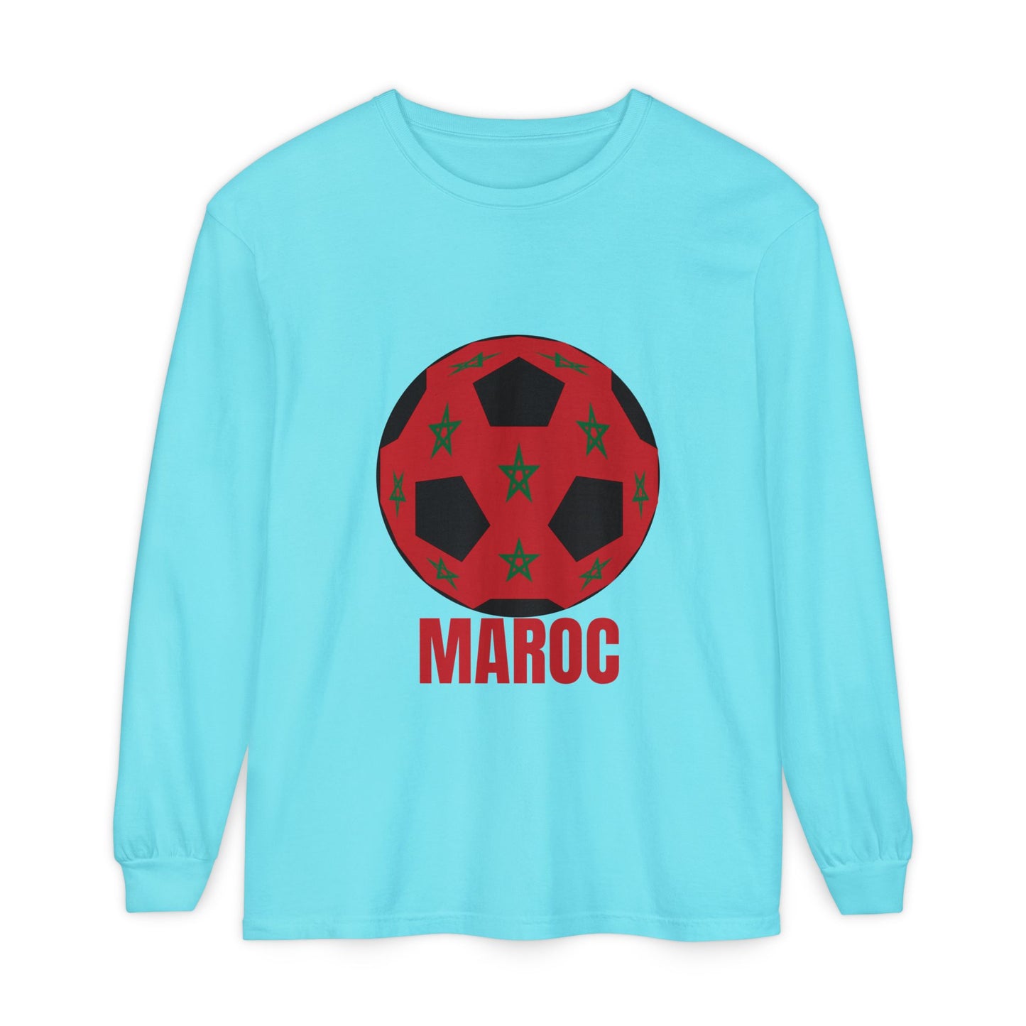 Morocco Maroc Fan Specialty Soccer Ball Design T Shirt Long Sleeve Tee Red Print