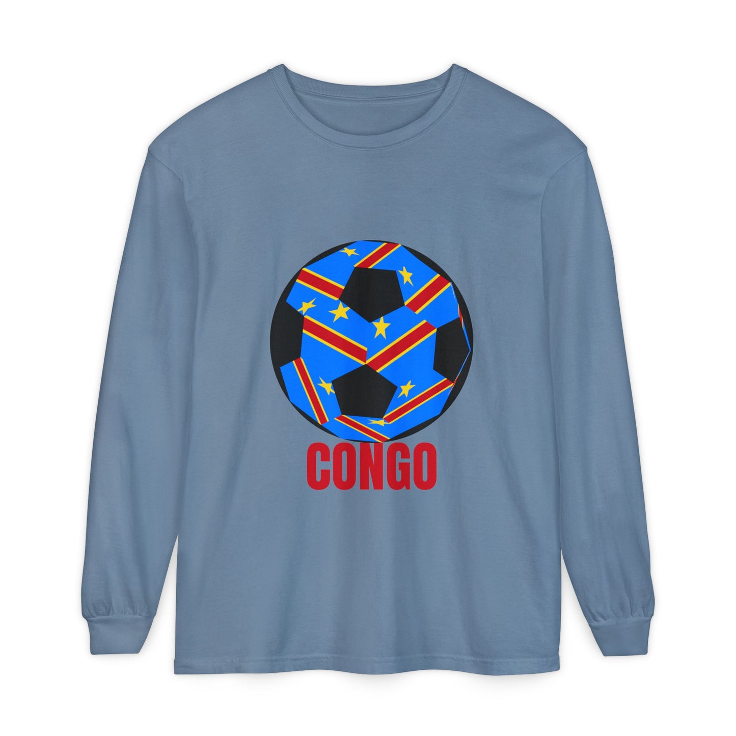 Congo Fan Specialty Soccer Ball Design T Shirt Long Sleeve Tee Red Text