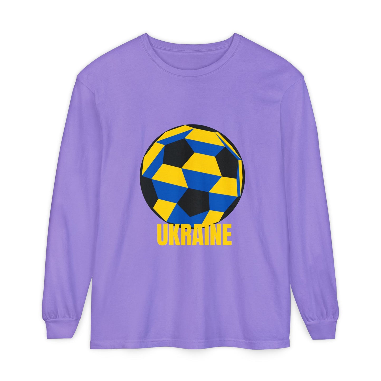 Ukraine Fan Specialty Soccer Ball Design Long Sleeve Tee Yellow Text