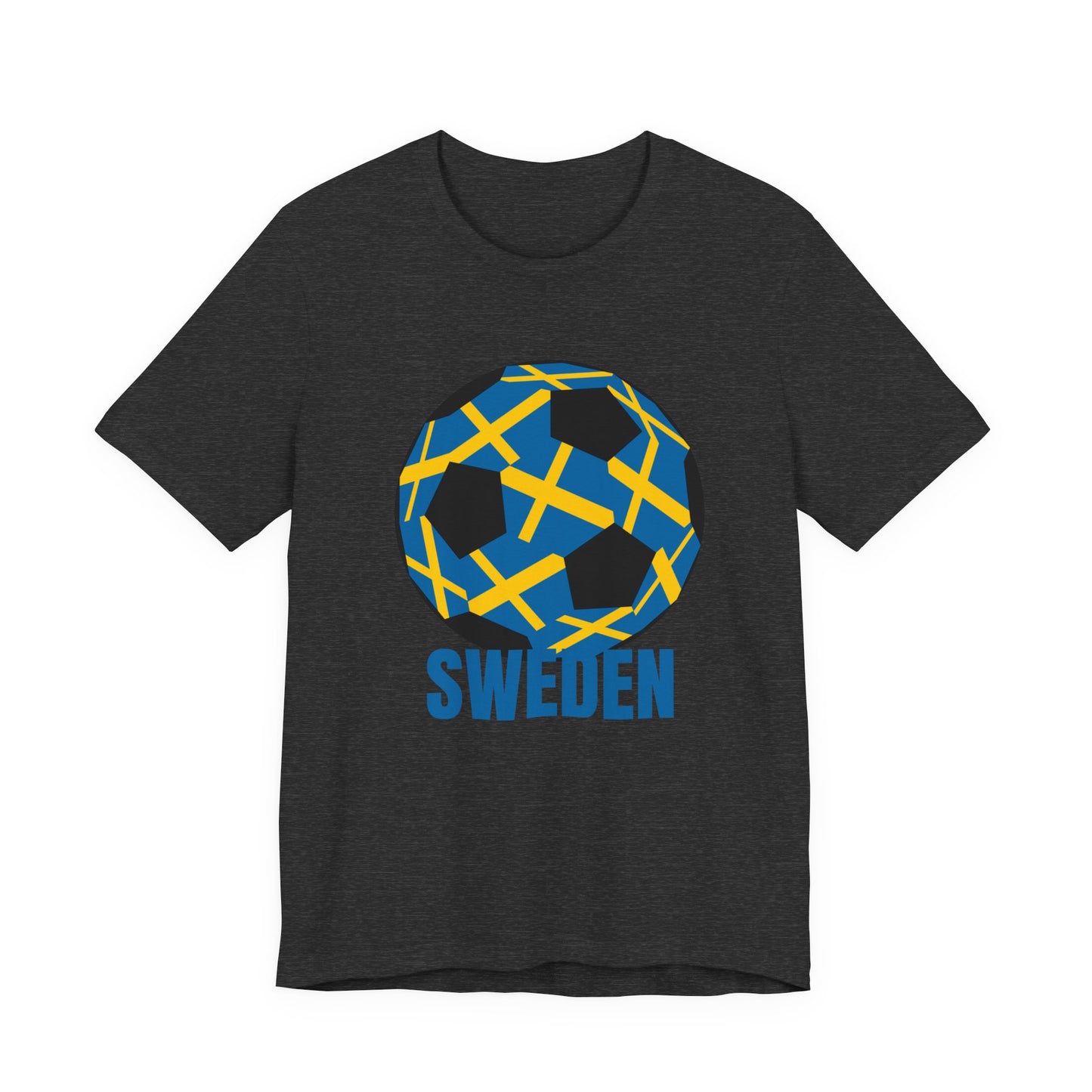 Sweden Fan Specialty Soccer Ball Design T Shirt Blue Text