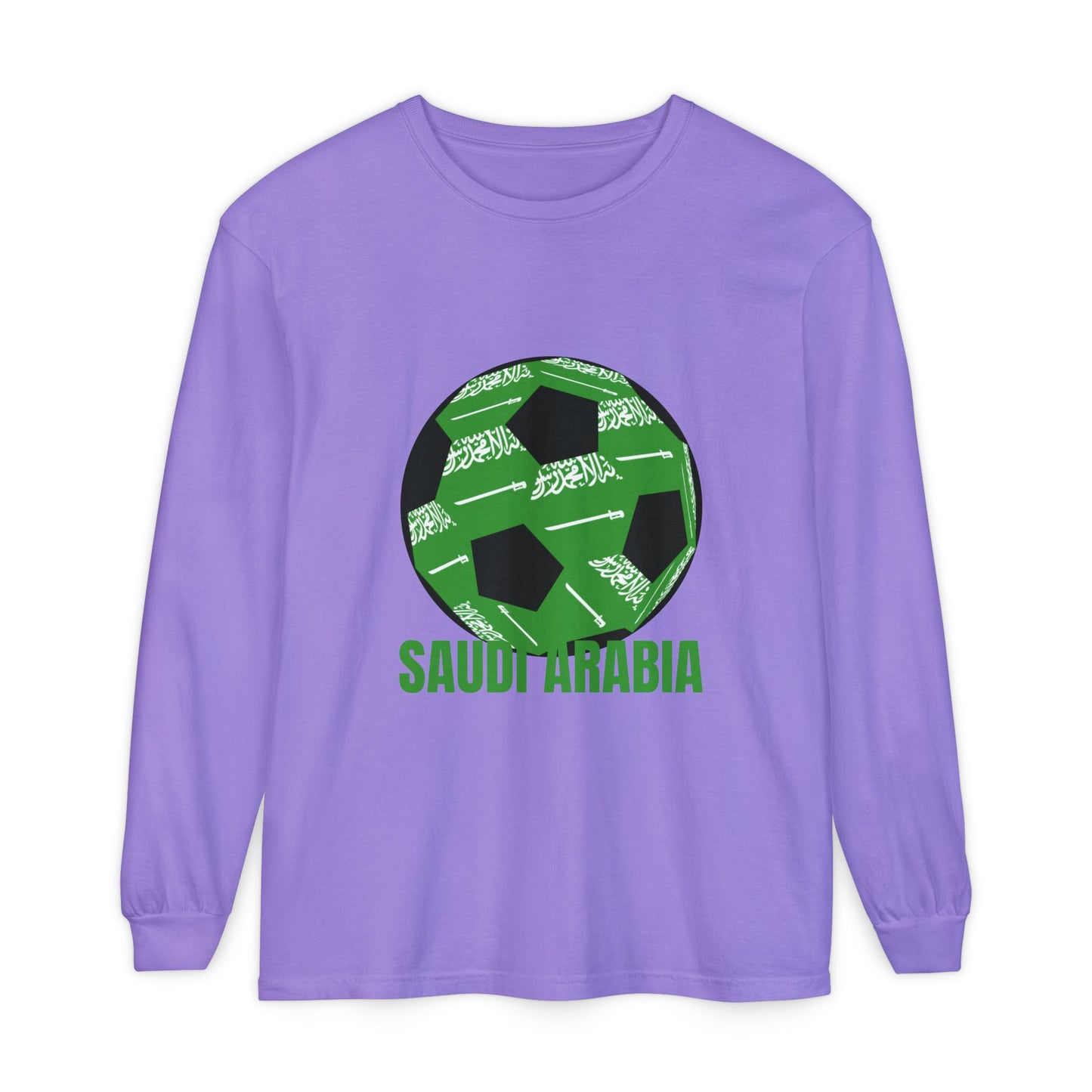 Saudi Arabia Fan Specialty Soccer Ball Design T Shirt Long Sleeve Tee Green Text