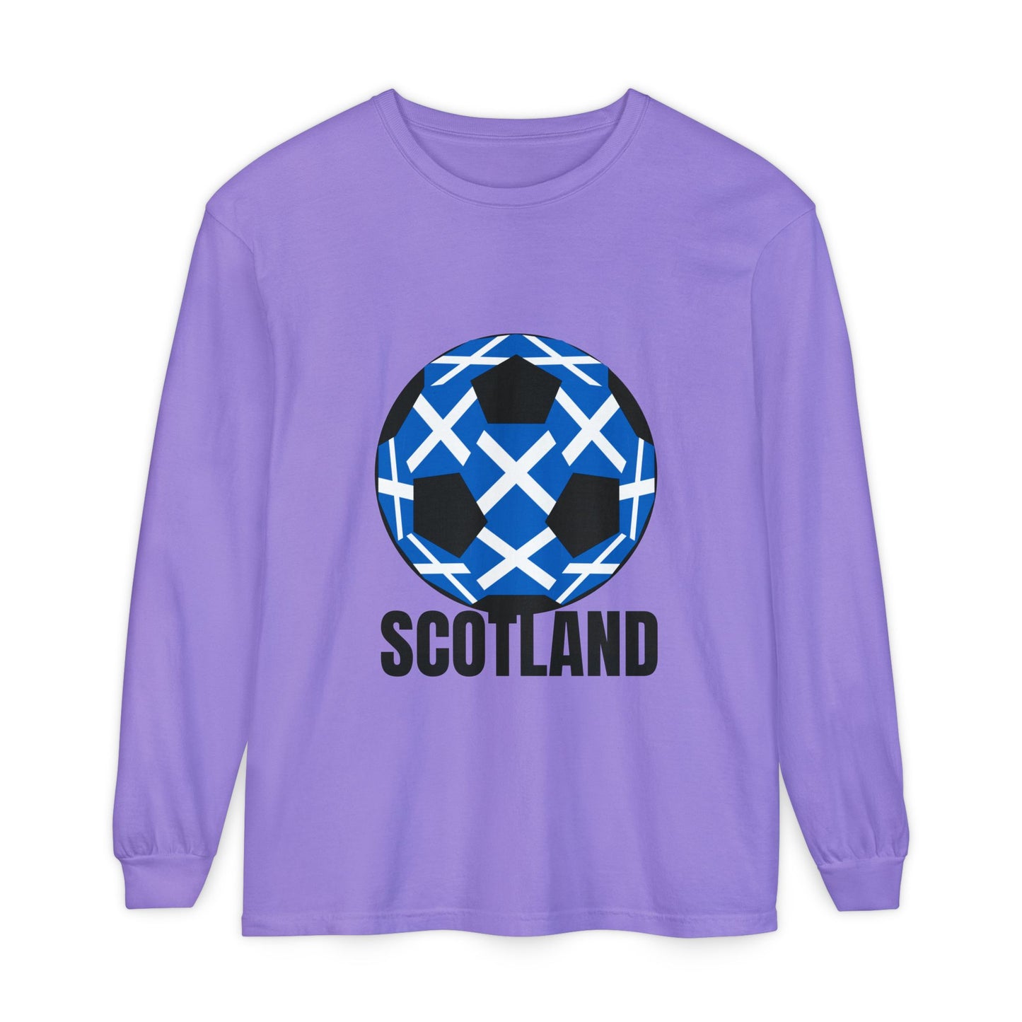 Scotland Fan Specialty Soccer Ball Design T Shirt Long Sleeve Tee Black Text